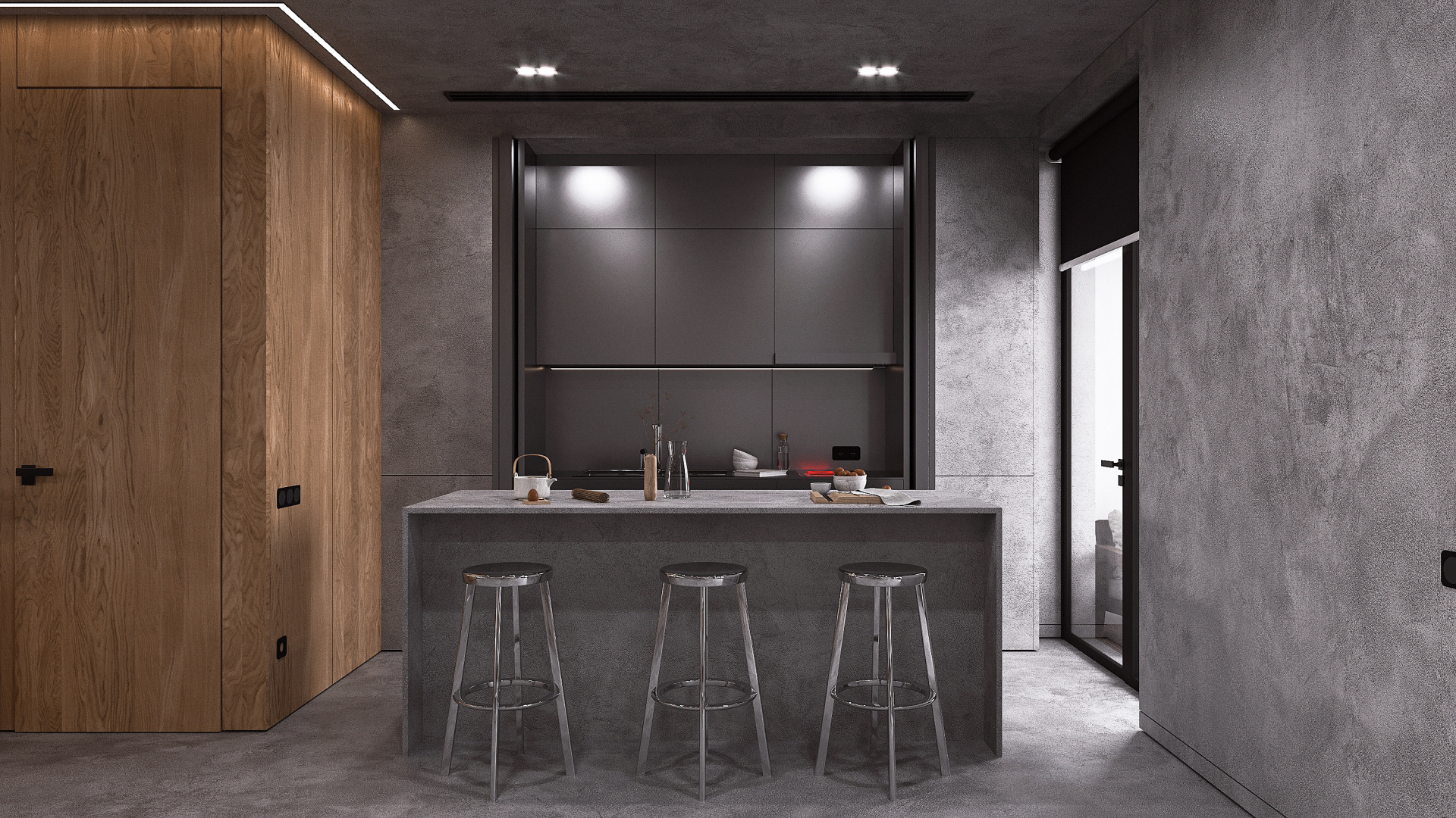 interior nash concrete minimal folding origami wood beton bebitalia graffiti minimalistic living sofa fireplace lighting tv area pot shelves view kitchen island stainless steel