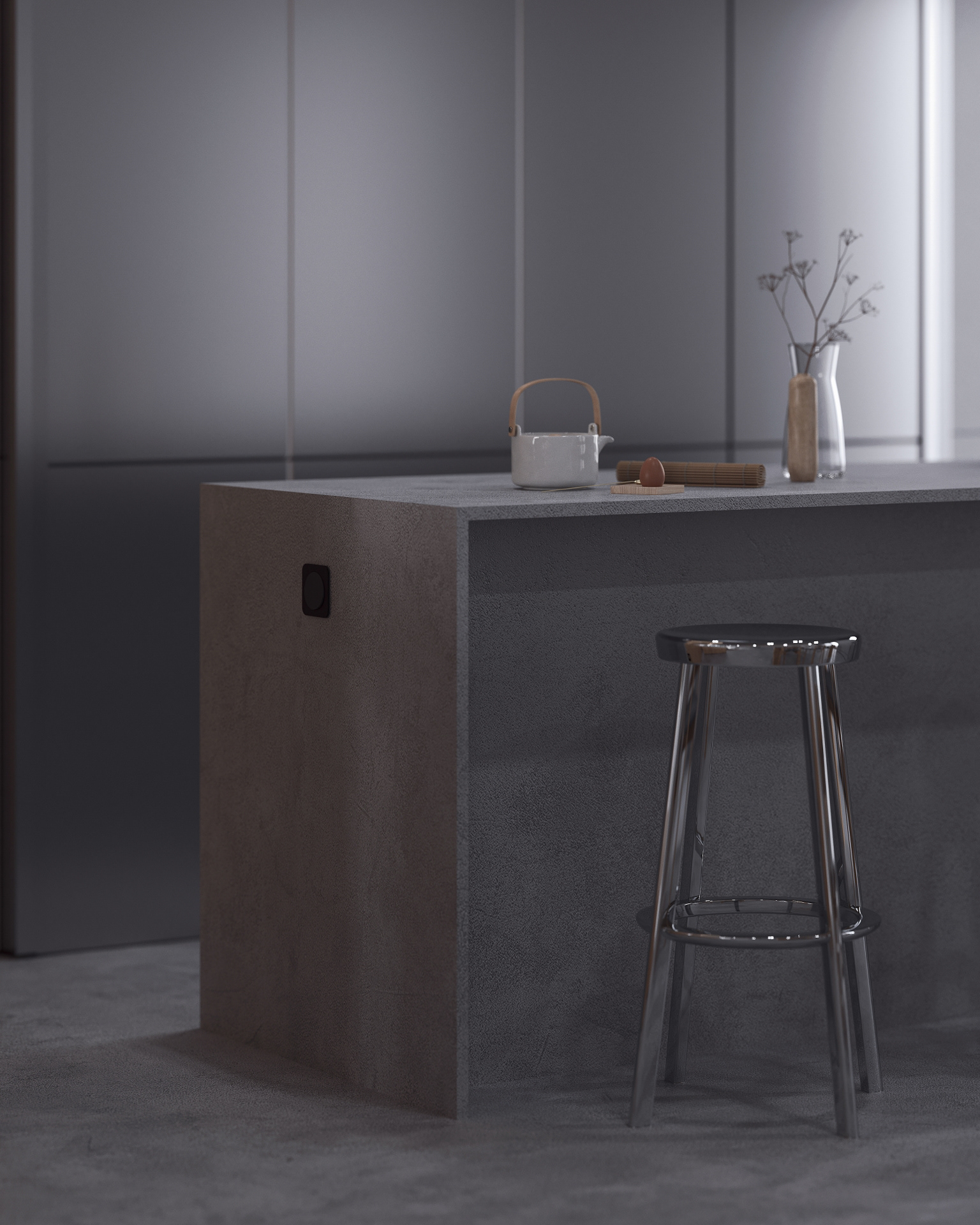 interior nash concrete minimal folding origami wood beton bebitalia graffiti minimalistic living sofa fireplace lighting tv area pot shelves view kitchen island stainless steel