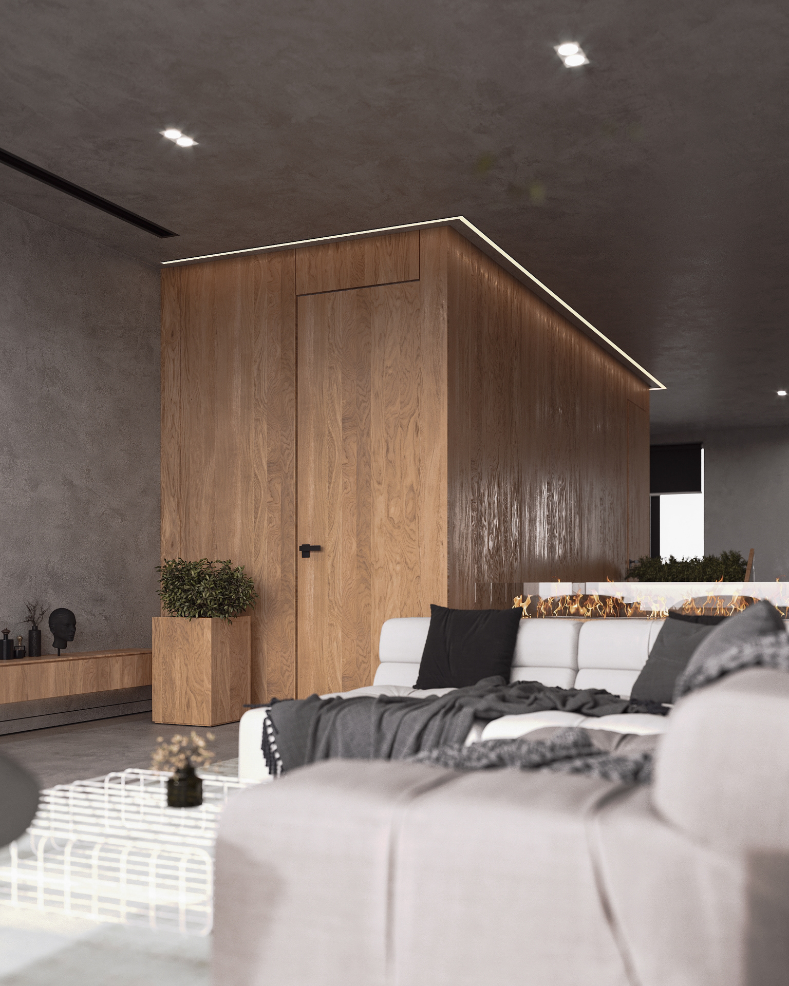 interior nash concrete minimal folding origami wood beton bebitalia graffiti minimalistic living sofa fireplace lighting tv area pot shelves