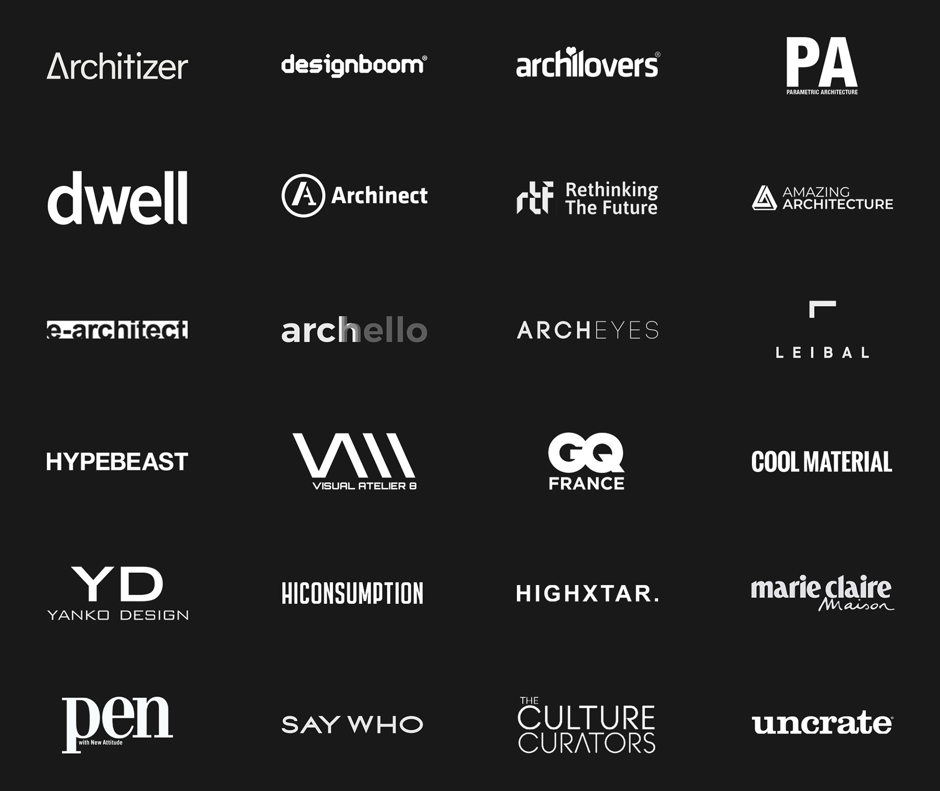 logos of the online publications where stipfold works been published, including architizer, designboom, archillovers, parametric architecture, dwell, archinect, gq france, leibal, say who, uncrate. yanko design