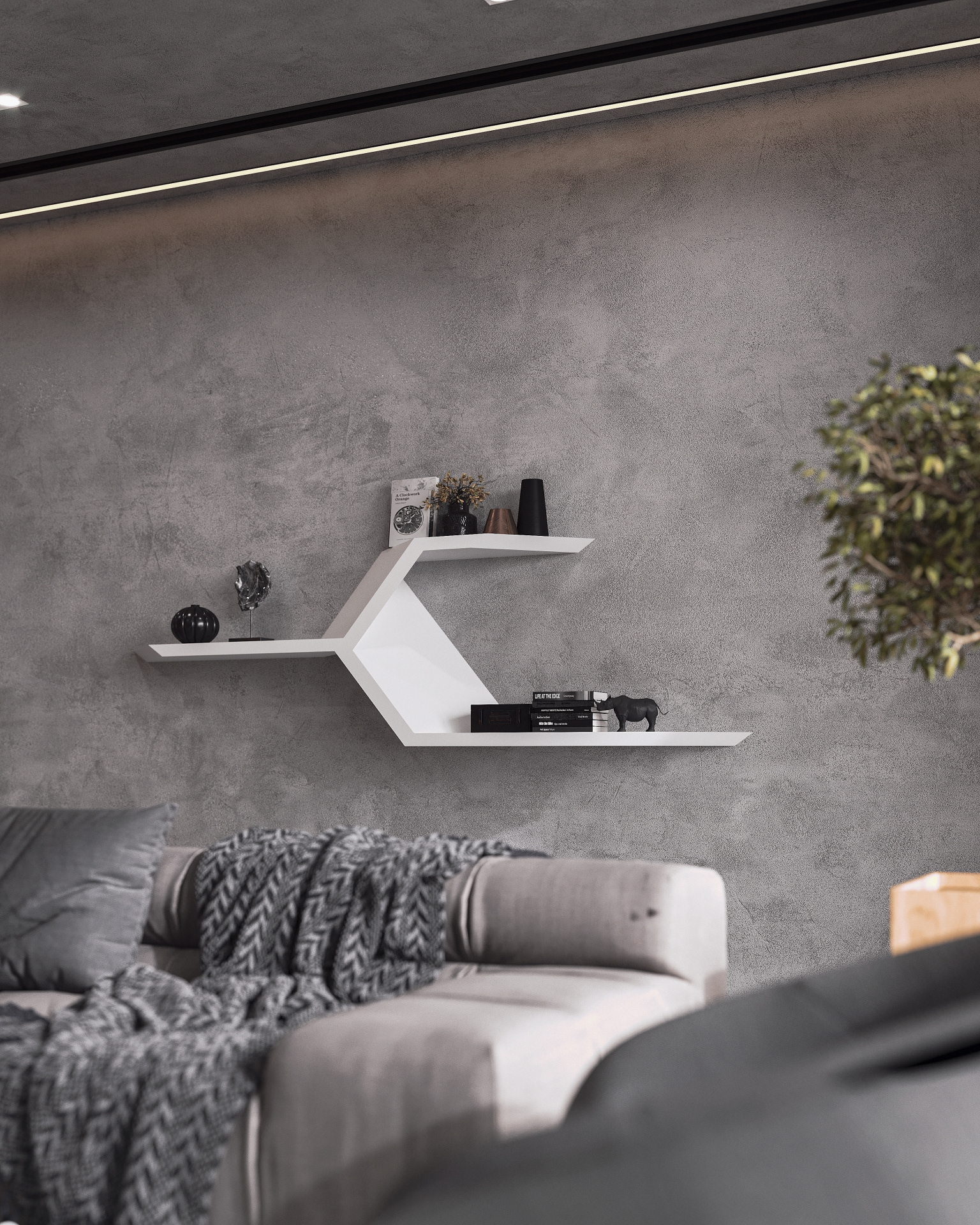 interior nash concrete minimal folding origami wood beton bebitalia graffiti minimalistic living sofa fireplace lighting tv area pot shelves