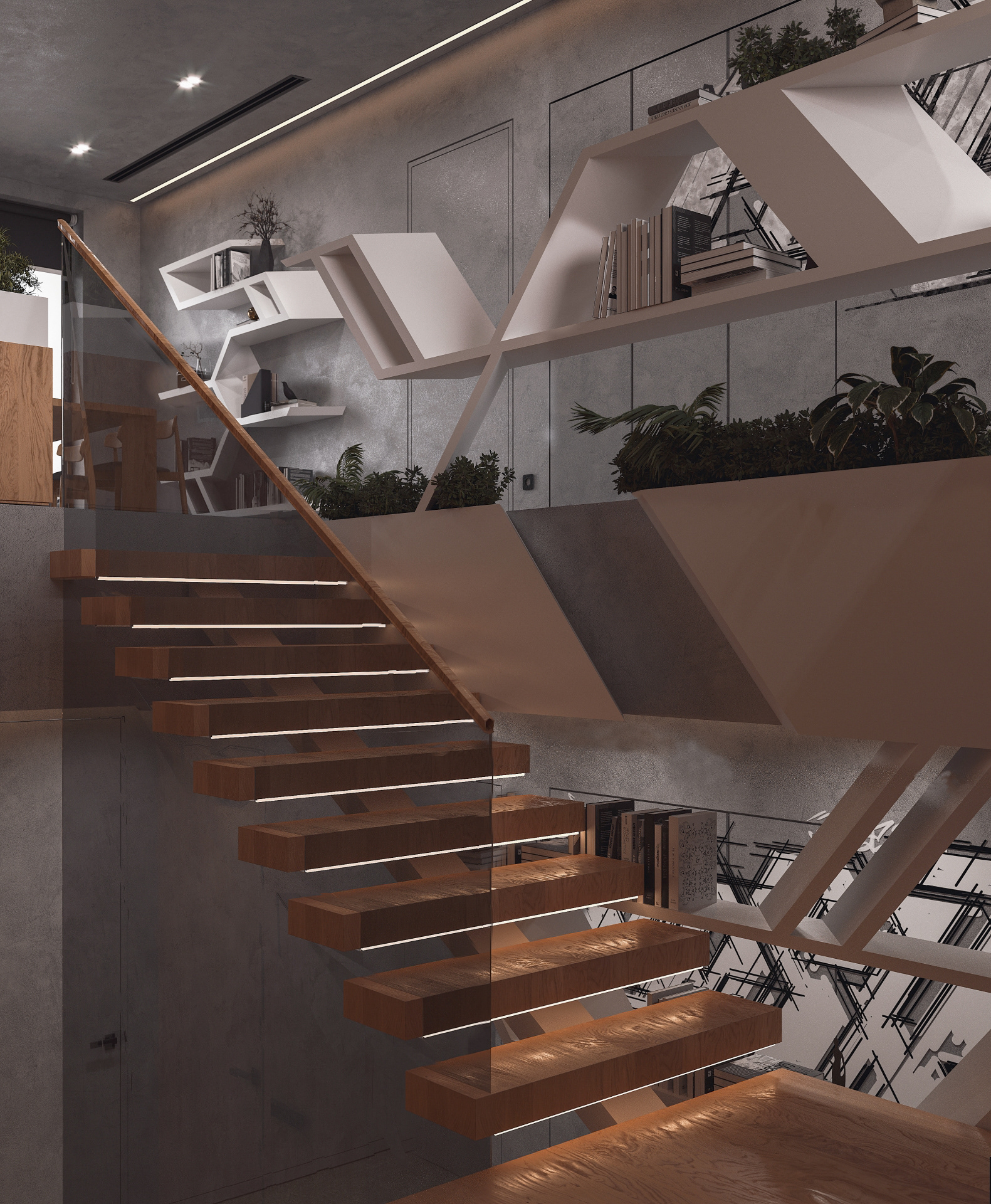 interior nash concrete minimal folding origami wood beton bebitalia graffiti minimalistic living sofa fireplace lighting tv area pot shelves view kitchen island stainless steel
