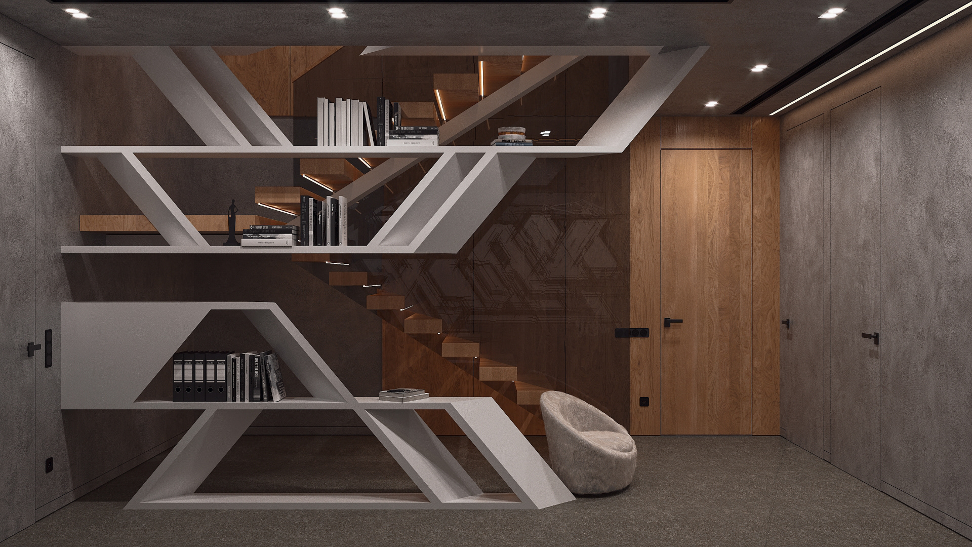 interior nash concrete minimal folding origami wood beton bebitalia graffiti minimalistic living sofa fireplace lighting tv area pot shelves view kitchen island stainless steel
