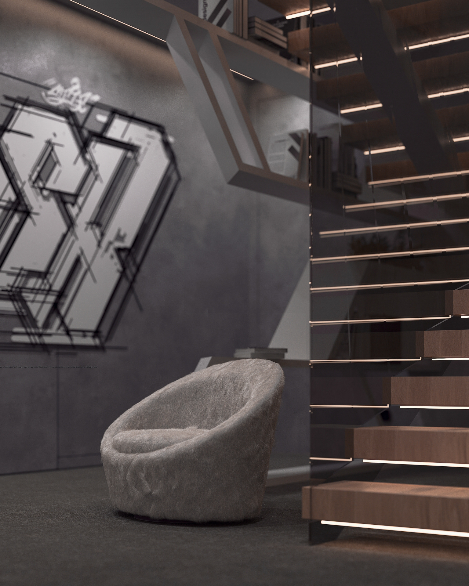 interior nash concrete minimal folding origami wood beton bebitalia graffiti minimalistic living sofa fireplace lighting tv area pot shelves view kitchen island stainless steel armchair