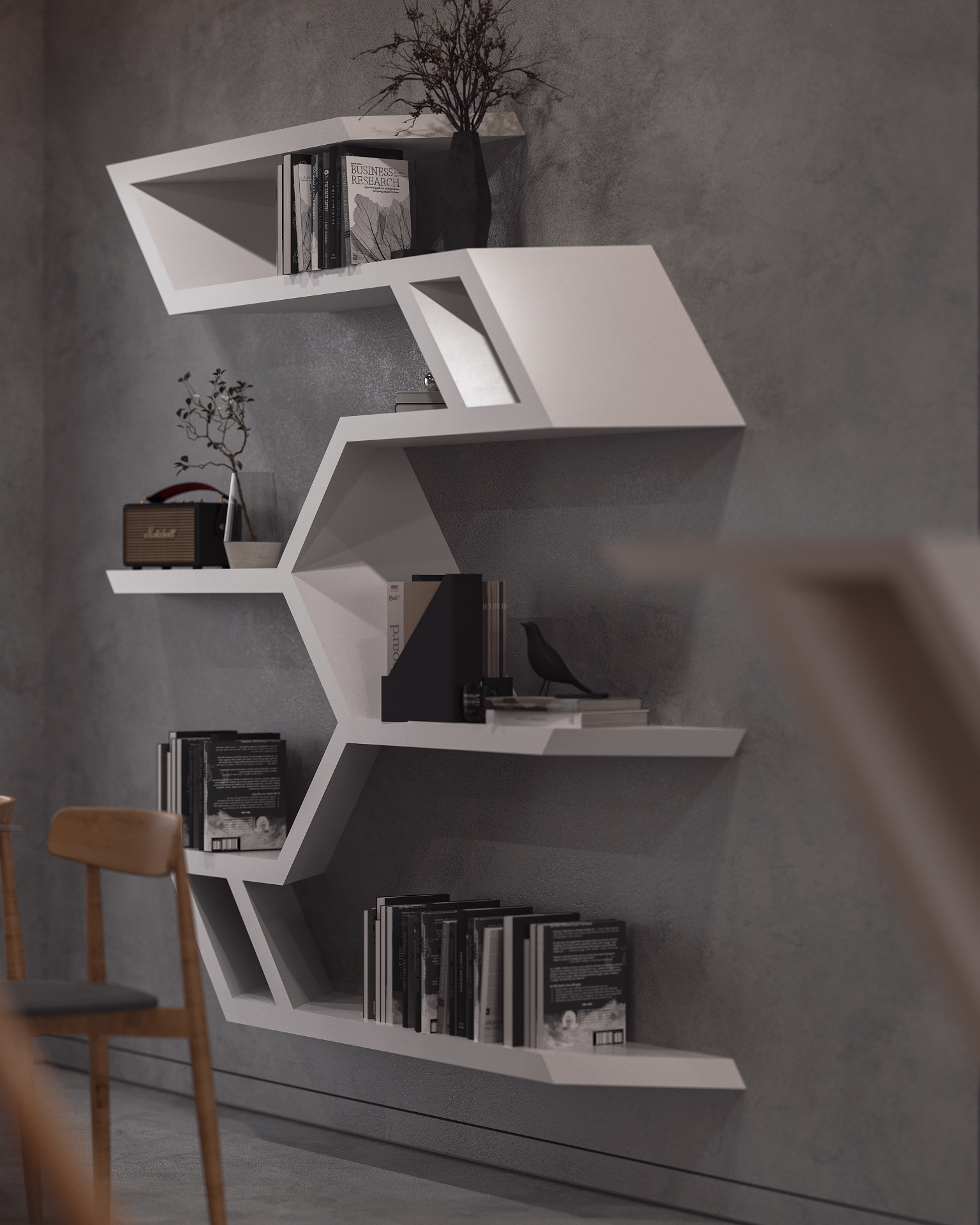 interior nash concrete minimal folding origami wood beton bebitalia graffiti minimalistic living sofa fireplace lighting tv area pot shelves view kitchen island stainless steel