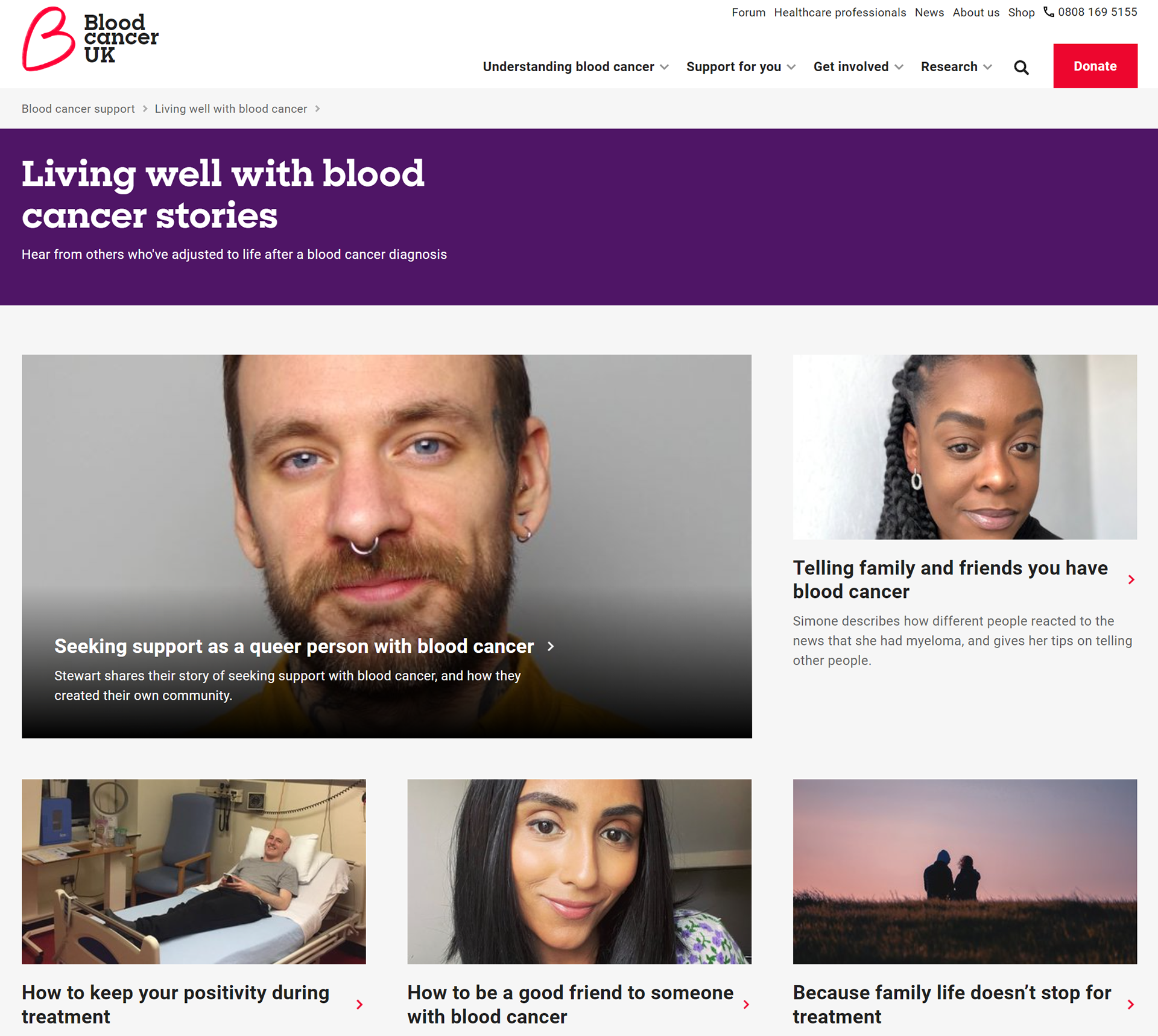 Screenshot of the stories section of Blood Cancer UK's website