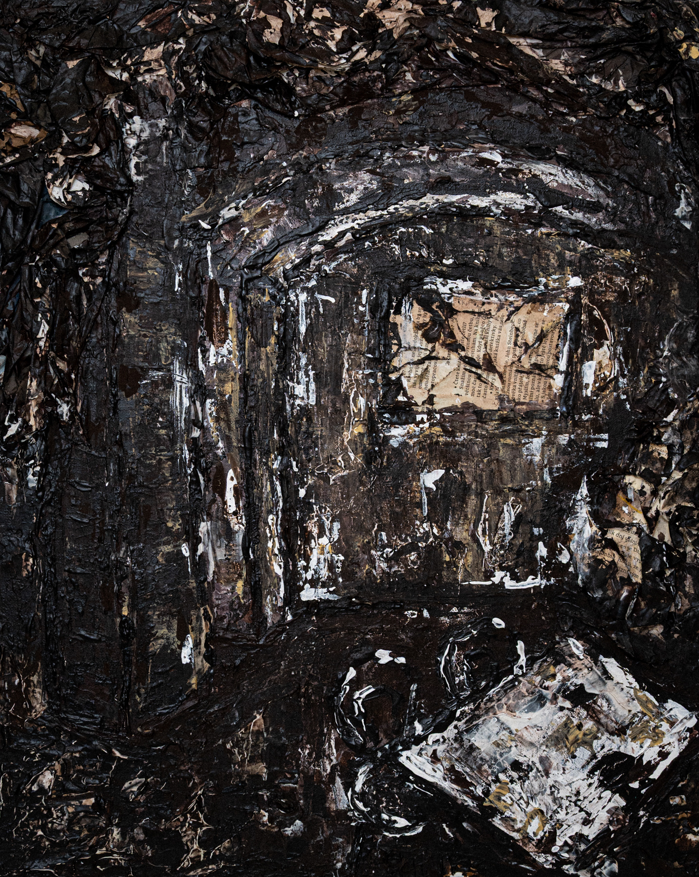 Budoir,  akryl a noviny na plátně, 40x50, 2025