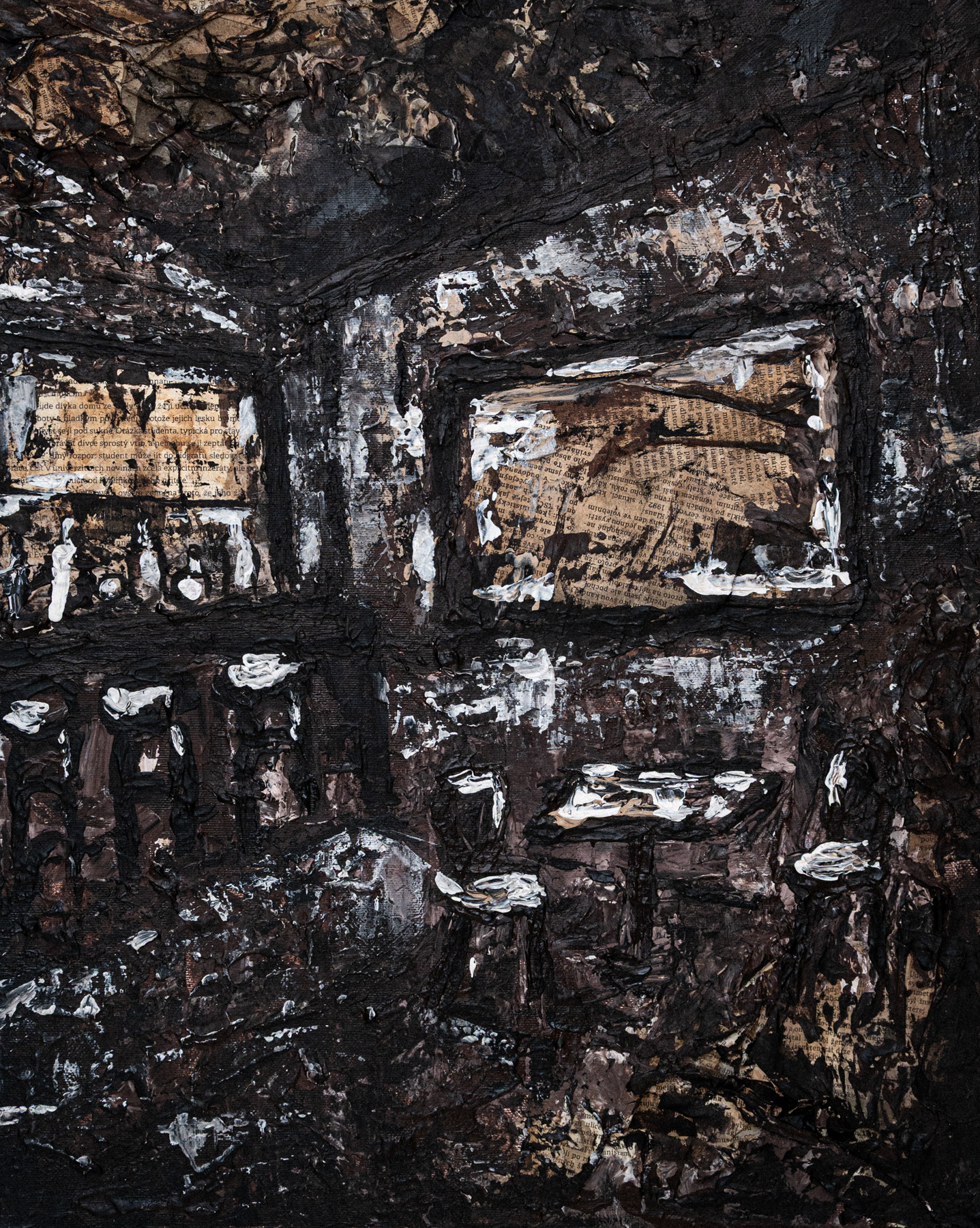 Cafe V lese,  akryl a noviny na plátně, 40x50, 2025