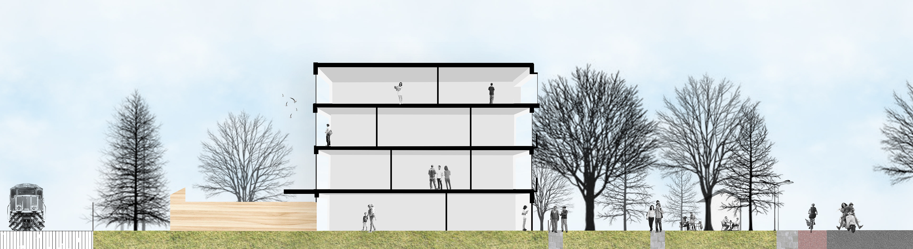 Section of the Residential building showing relation to street, open space, gardens and rail line