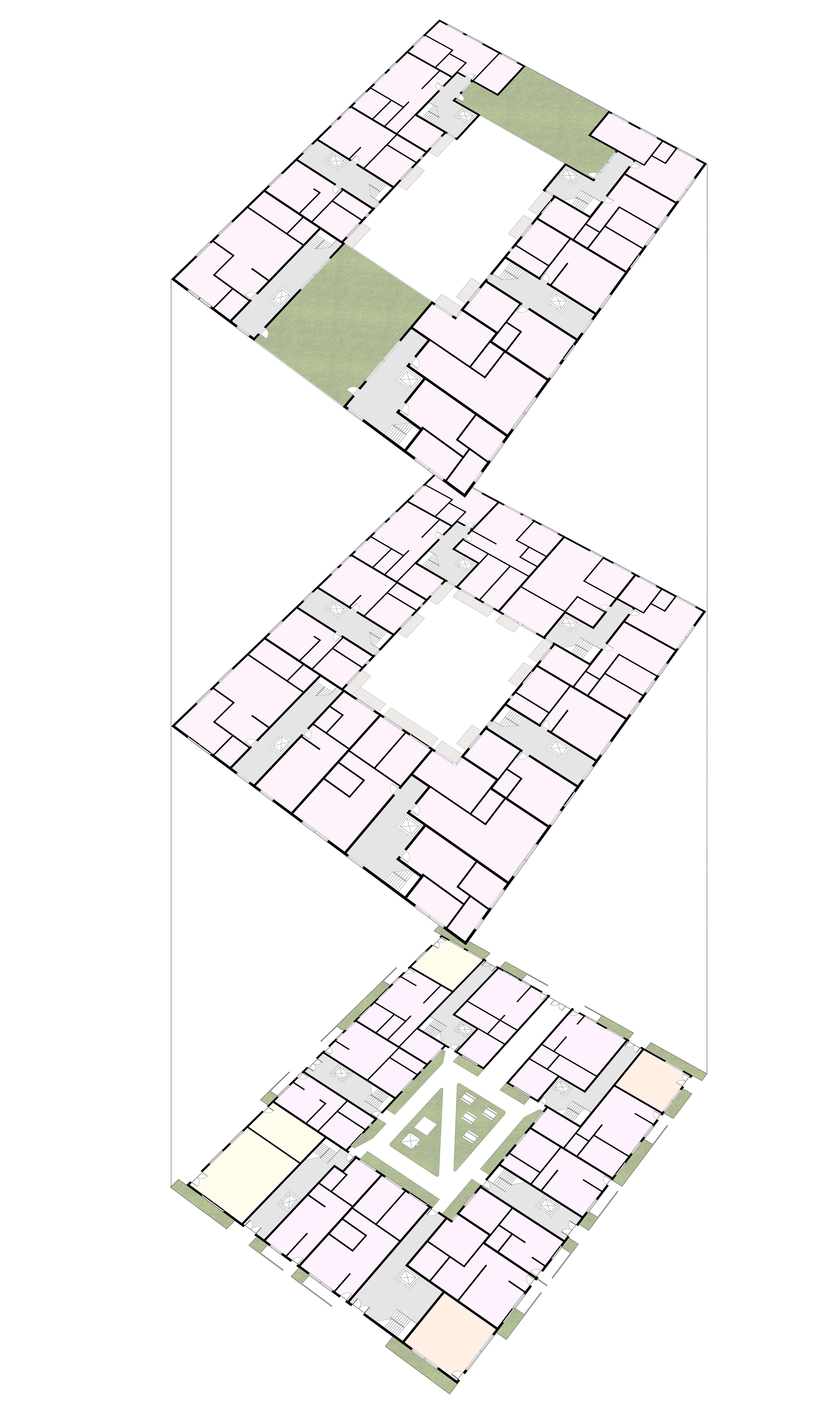 Sample Floorplans for different floor types of the mixed-use block (pink - residential units, orange - retail, yellow - commercial, grey - service areas)