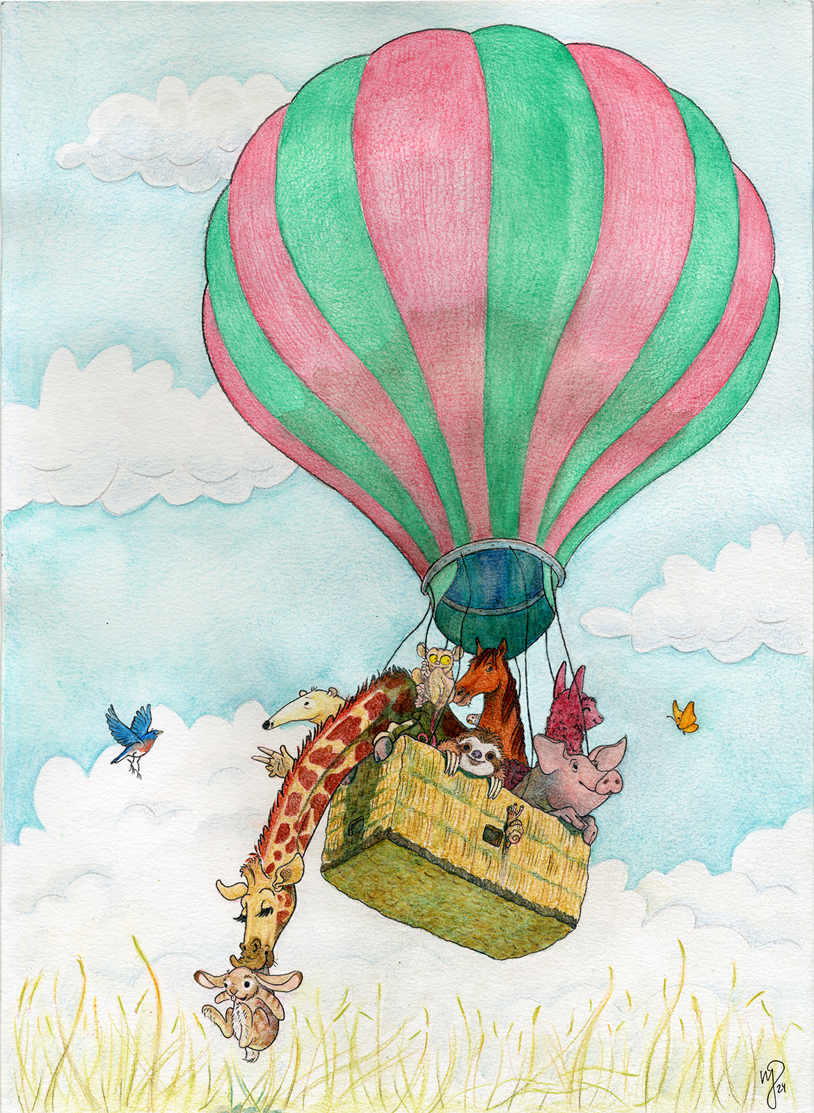 illustration, danish illustrator, drawings, tegninger, tegning, letlæsningsbøger, børnebøger, marianne pryning, pryning, dansk illustrator, digital tegning, digital drawing, dansk tegner, København, Copenhagen, tegner i København, blyant, blyant på papir, caran d'ache, supracolor, luftballon, airballoon, animals, dyr, kanin, bunny, rabbit
