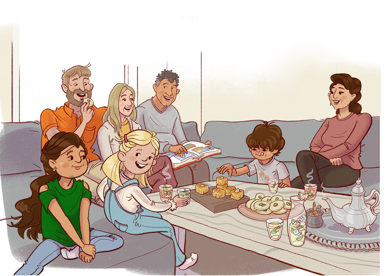 illustration, danish illustrator, drawings, tegninger, tegning, letlæsningsbøger, børnebøger, marianne pryning, pryning, dansk illustrator, digital tegning, digital drawing, dansk tegner, København, Copenhagen, tegner i København, når alt er nyt, pige, familie, syrien