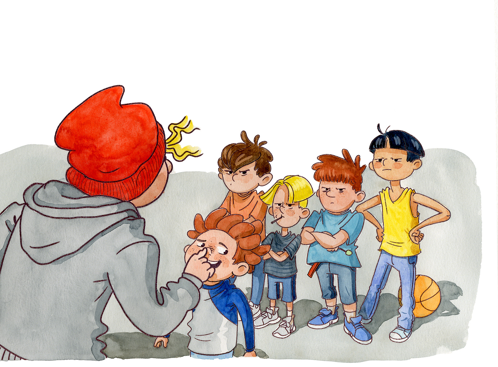 illustration, danish illustrator, drawings, tegninger, tegning, letlæsningsbøger, børnebøger, marianne pryning, pryning, dansk illustrator, digital tegning, digital drawing, dansk tegner, København, Copenhagen, tegner i København, akvarel, dreng, mobbe, drille, watercolor, boy, bullying