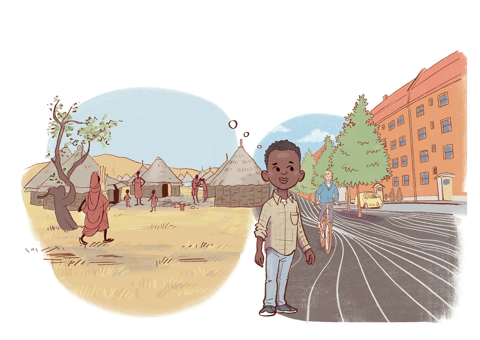 illustration, danish illustrator, drawings, tegninger, tegning, letlæsningsbøger, børnebøger, marianne pryning, pryning, dansk illustrator, digital tegning, digital drawing, dansk tegner, København, Copenhagen, tegner i København, når alt er nyt, dreng, sudan
