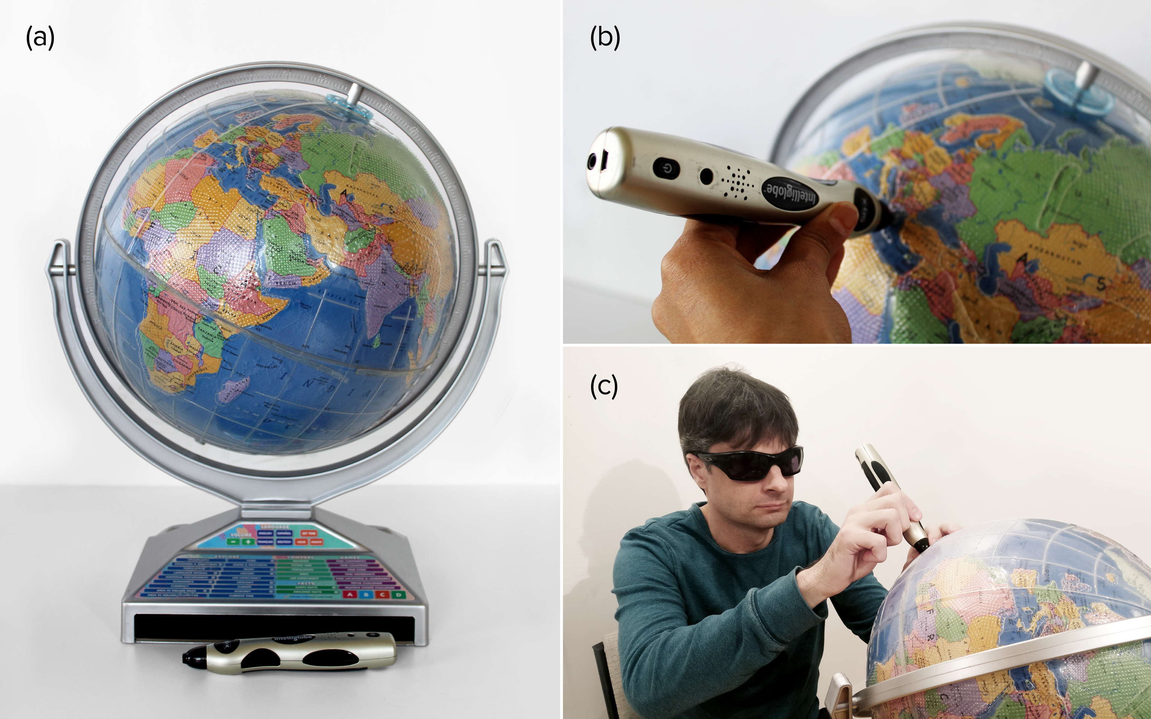 This is a collage of four images. Image one show a customized interactive audio-tactile earth globe made by P1, Intelliglobe with APH tactile overlay. Image two shows a close-up view of APH overlay with Intellipen. Image three shows P1 using self-made interactive audio-tactile globe.