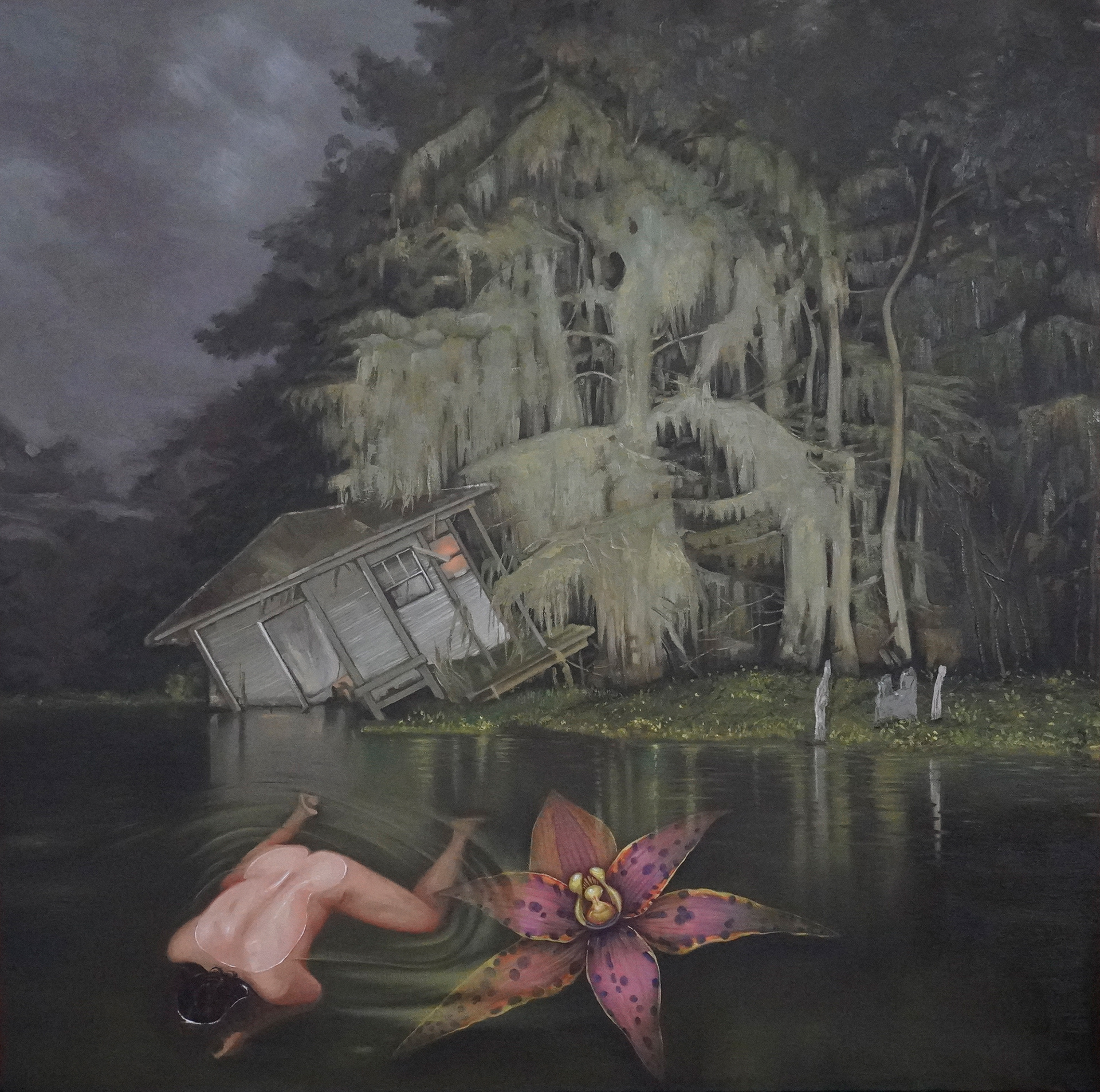 the house built on the water, oil paint on canvas 76 x76 cm