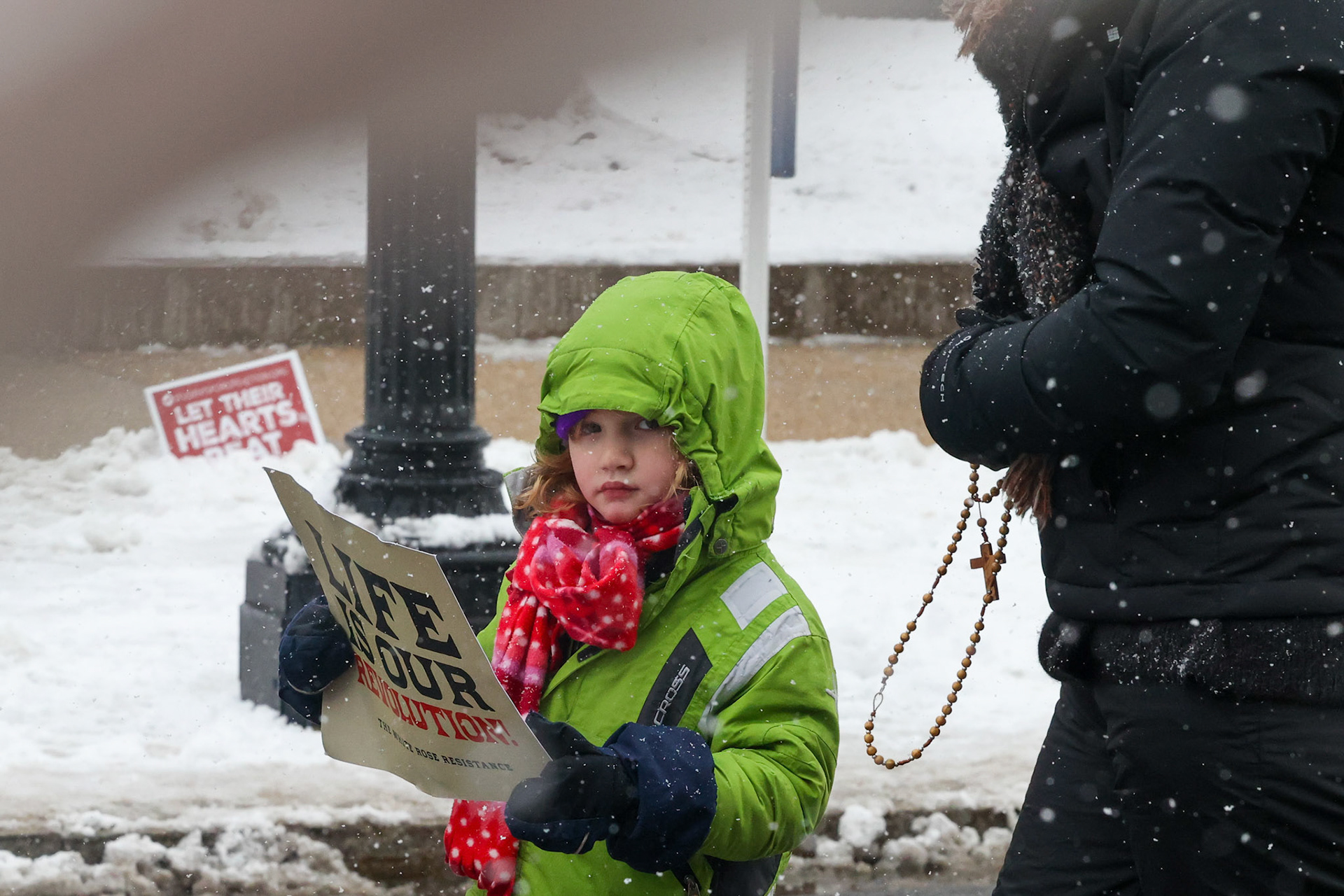 January 19, 2024, Washington, DC, USA. Thousands of Pro Life supporters, Faith leaders, student youth groups, families and friends, gathered in a snowstorm for the annual March for Life Rally. The rally started at the National Mall and then marched to the Supreme Court. Photo Credit: Robyn Stevens Brody/SIPA USA.