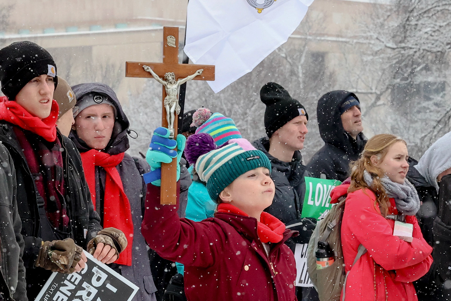 January 19, 2024, Washington, DC, USA. Thousands of Pro Life supporters, Faith leaders, student youth groups, families and friends, gathered in a snowstorm for the annual March for Life Rally. The rally started at the National Mall and then marched to the Supreme Court. Photo Credit: Robyn Stevens Brody/SIPA USA.