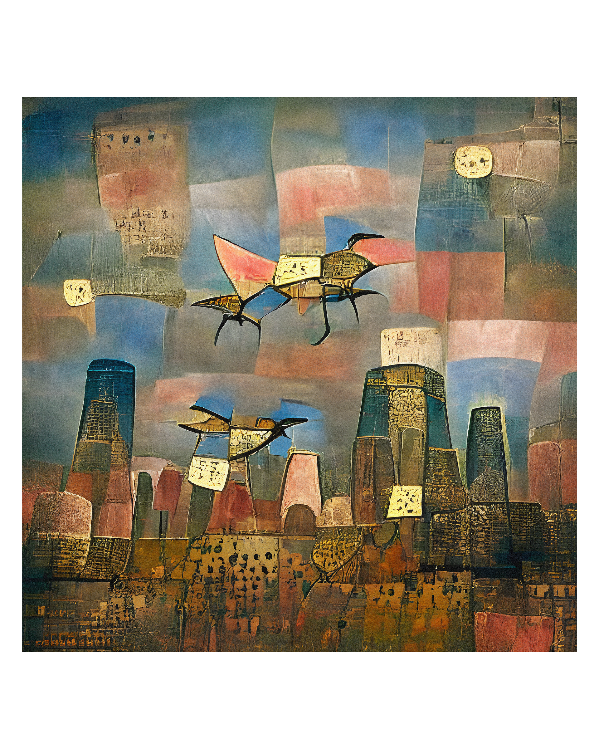 Giant robotic birds over utopian buildings (Pássaros robóticos gigantes sobre edifícios utópicos)