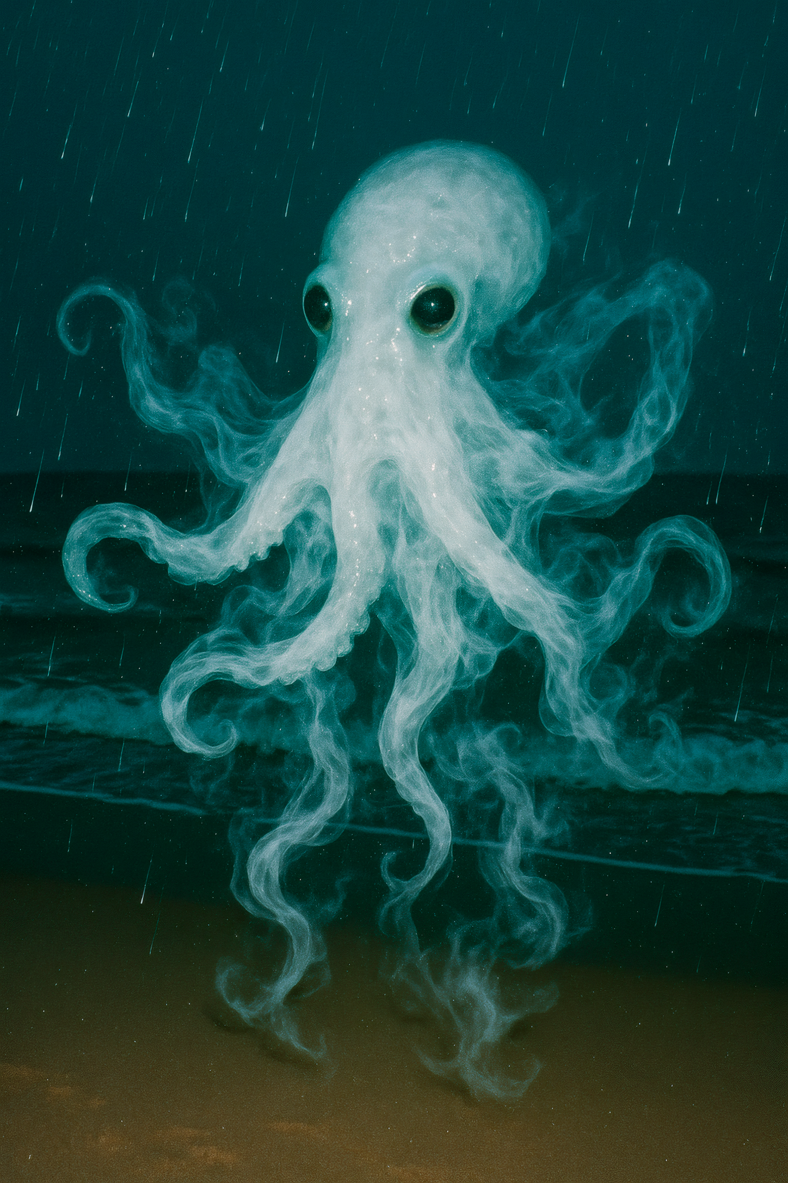 "Akkorokamui" (Shrouded in mist and born from sea-foam and storm, the octopus appears not as mere creature but as a spectral figure—dancing through salt rain, its limbs like ribbons of memory. This is not a dance of emotion, but of eternal return, echoing lost civilizations.)