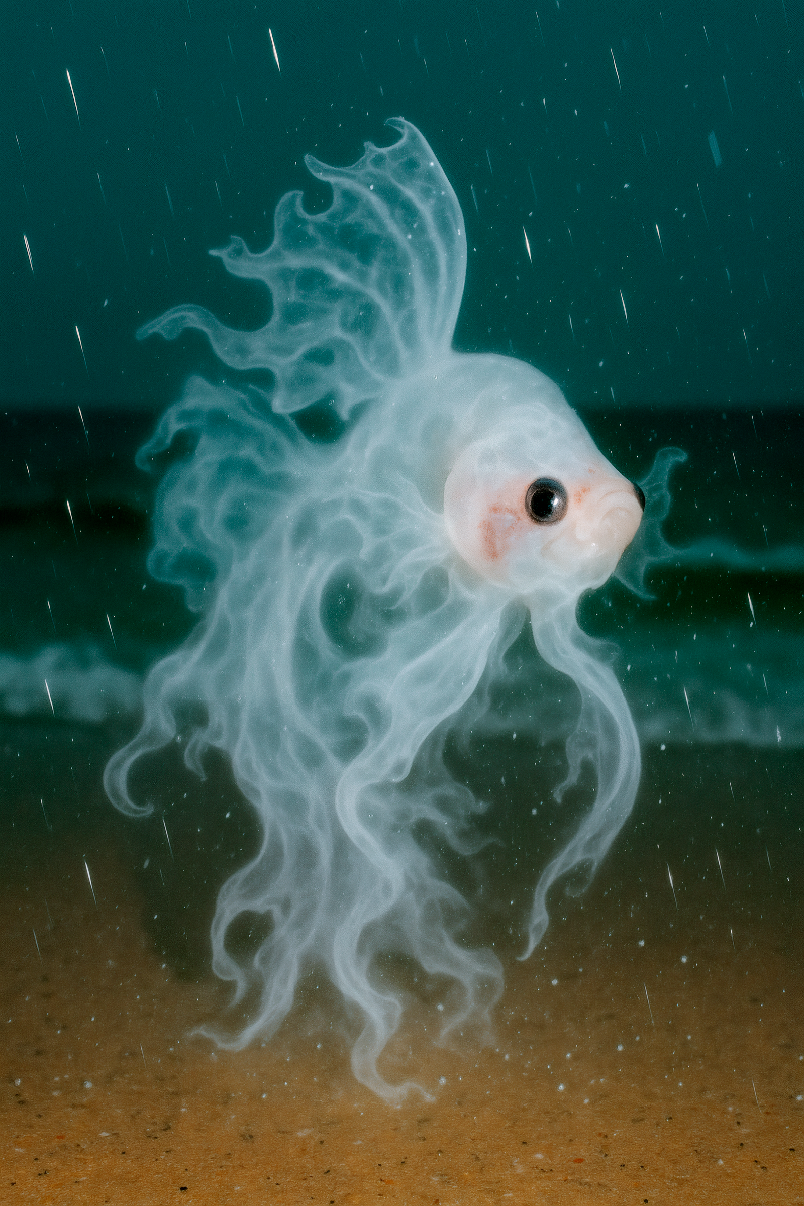 "βήτα" (A meditative embodiment of the Betta fish — an aqueous apparition of iridescent splendor and layered significance. This delicate yet defiant being, all flowing fins and silent strength, drifts through realms of myth, culture, and symbol.)