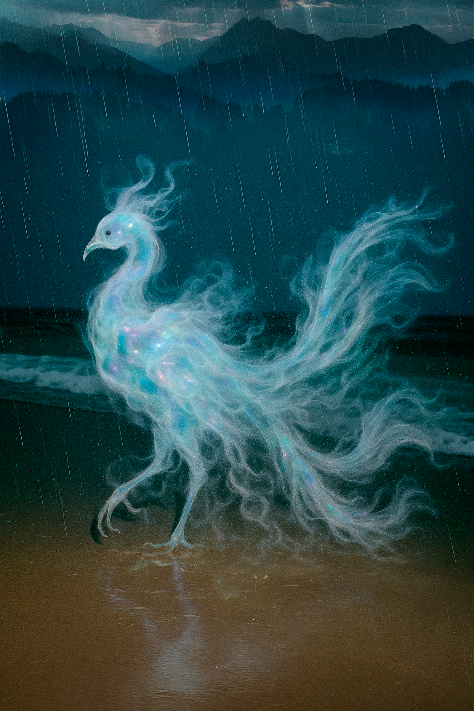 "Fenghuang" (The Fenghuang, rendered in shimmering plumes and glitched halos, is both ancient omen and synthetic muse — a finale that lingers like birdsong in rain, ephemeral and eternal.)