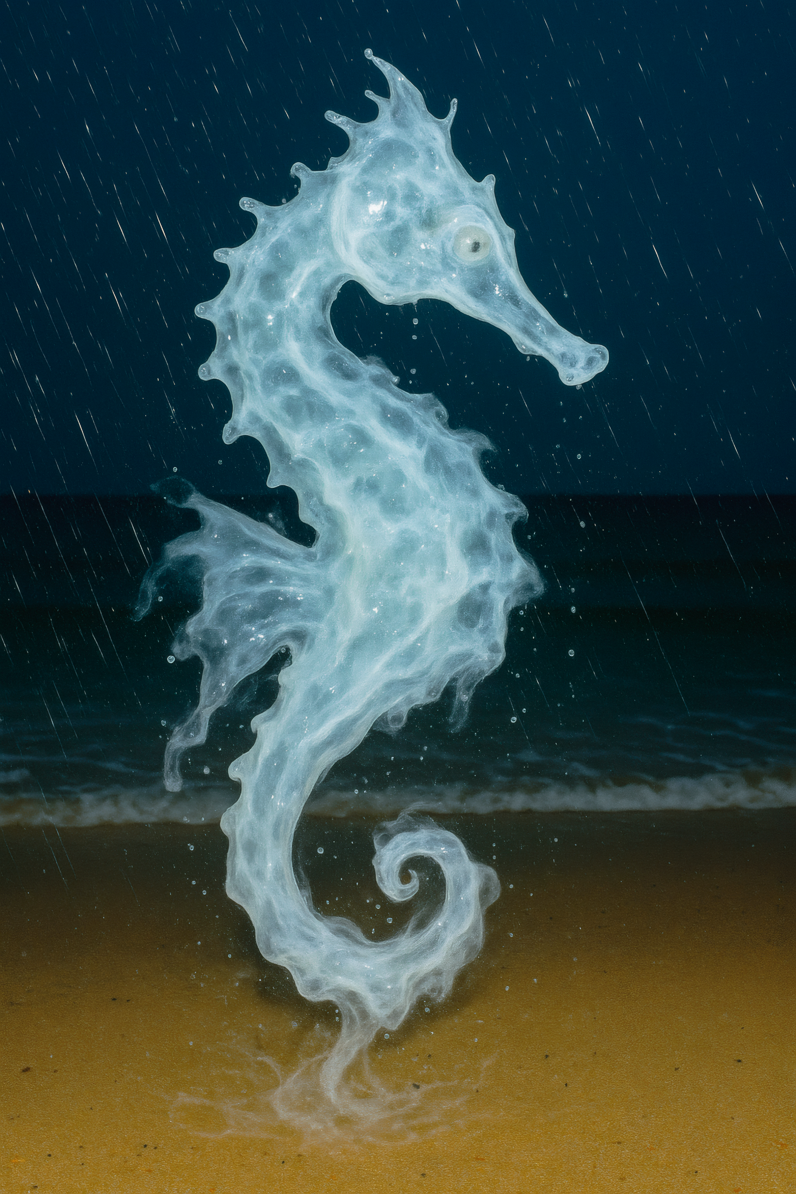 "Hippocampus" (Behold the seahorse, an emblem of divine might and oceanic dominion, as envisioned by the ancient Greeks who saw it draw Poseidon's chariot through cerulean depths. In Phoenician and Etruscan lore, this mythical creature navigated souls across the final sea, a steadfast guardian on their journey to the great beyond. Across Asian fishing hamlets, its delicate form, dried and revered, served as a potent talisman warding off unseen malevolence, while in other traditions, it whispered promises of fortune and safeguarded earthly treasures.)