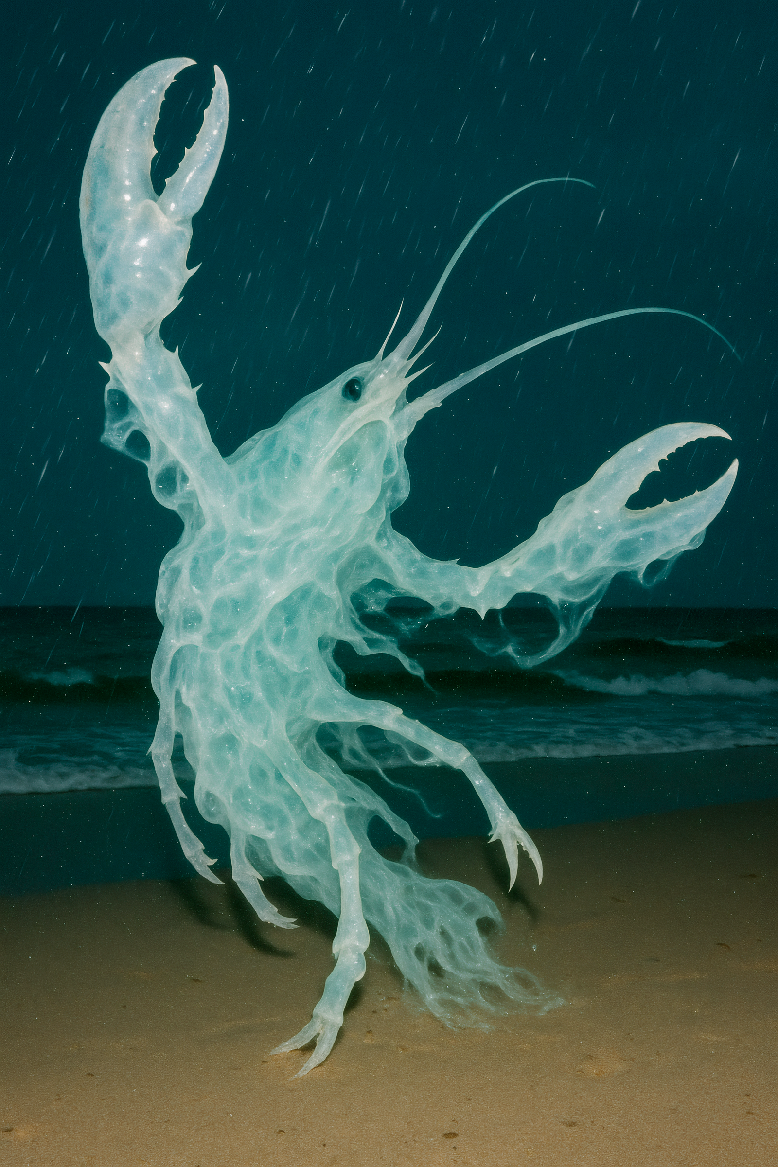 "Homard" (Here, the lobster dissolves into pure gesture — a dance woven from salt, mist, and myth, resonant with the lunar cycles that have, for millennia, governed both tides and the life rhythms of marine creatures.)