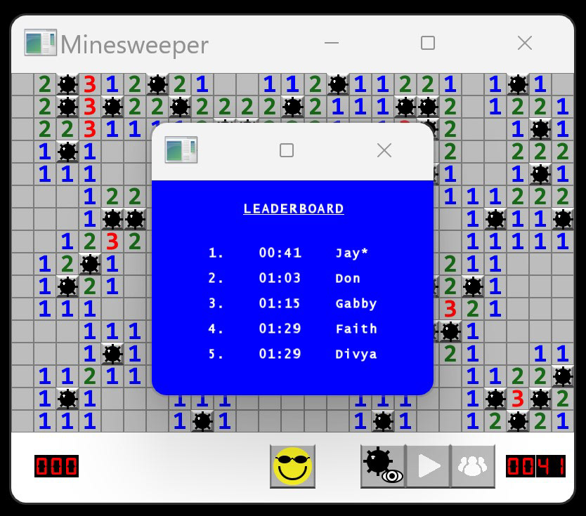 Leaderboard window: game won, current player starred