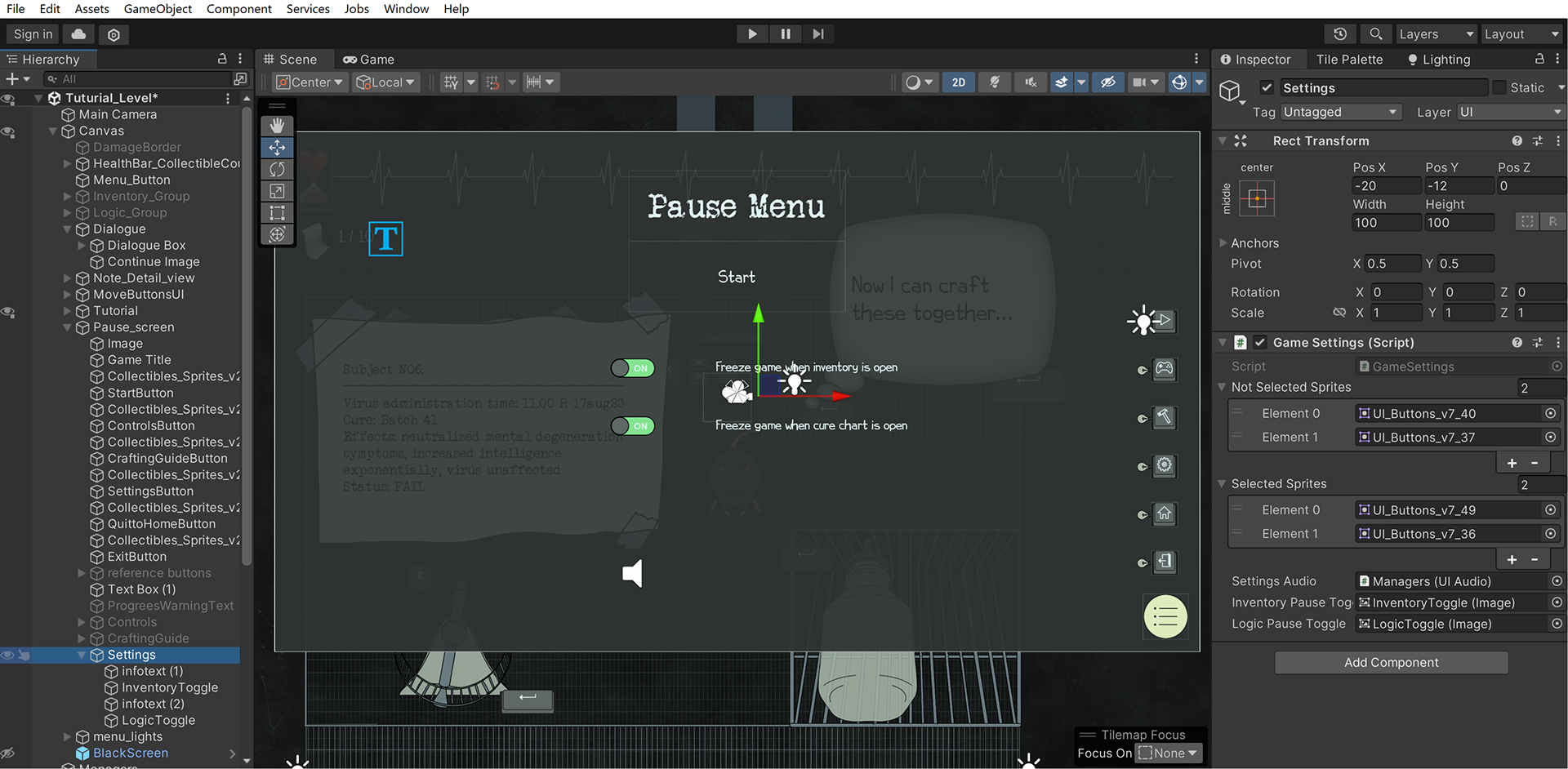 Pause menu game settings
