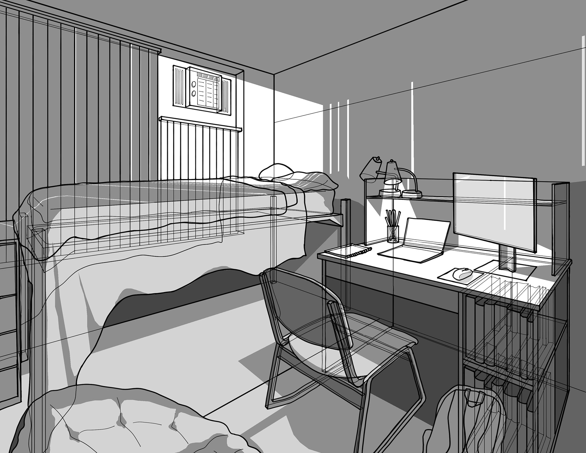 Wireframe illustration with dramatic lighting (2023) using Adobe Fresco and Photoshop