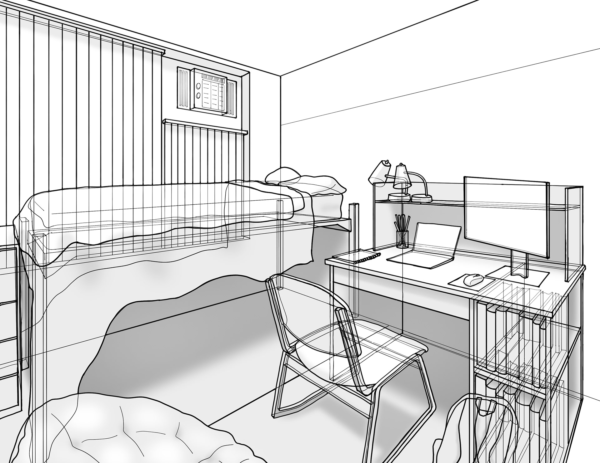 Wireframe illustration with comedic lighting (2023) using Adobe Fresco and Photoshop