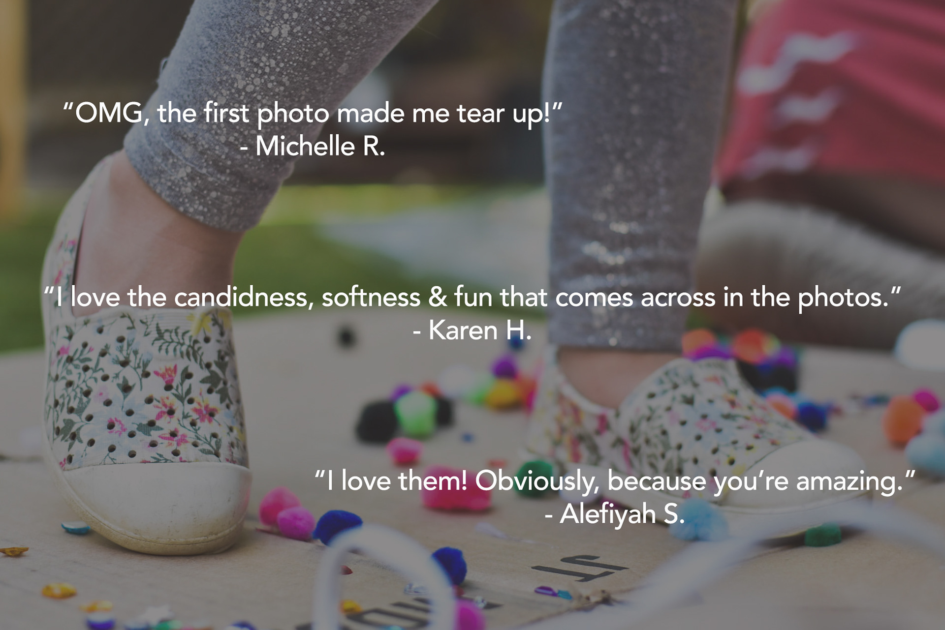 Client testimonials overlayed on a birthday party photo.
