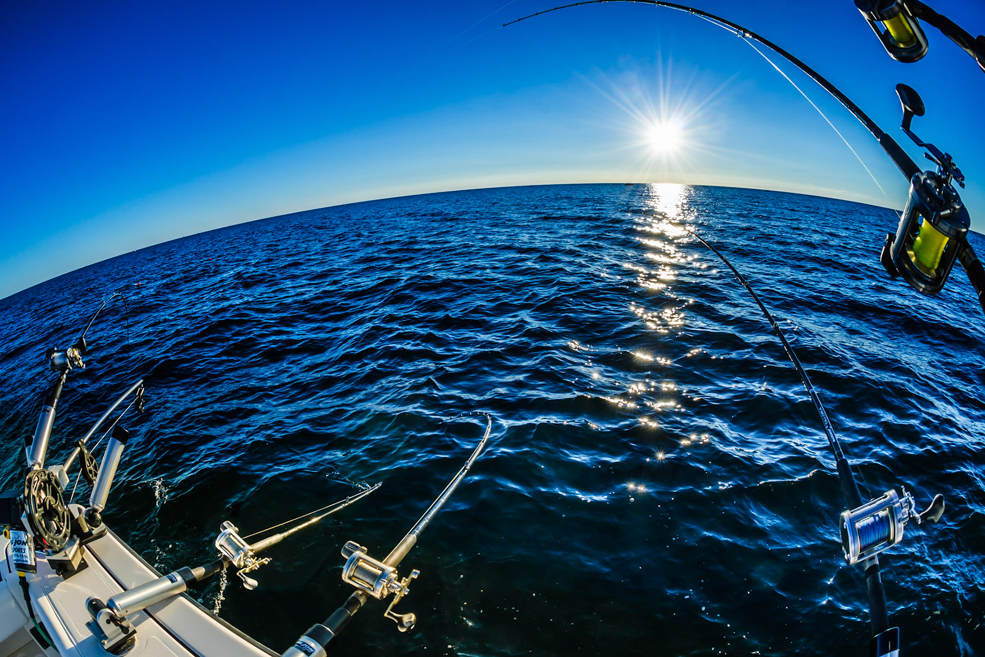 On board the Blue Fairways out of Ludington, Michigan with Captain Greg MaGee, Kraig Anderson, Al Laaksonen, Greg Migas, and me. Shot with Fisheye lens.