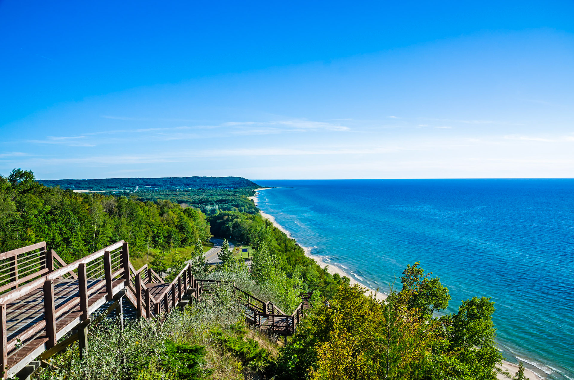 Arcadia Bluffs Overlook  known as "Inspiration Point" in Michigan. I didn't count the steps but the Manistee website says there are 120.  It was a climb but worth it.
