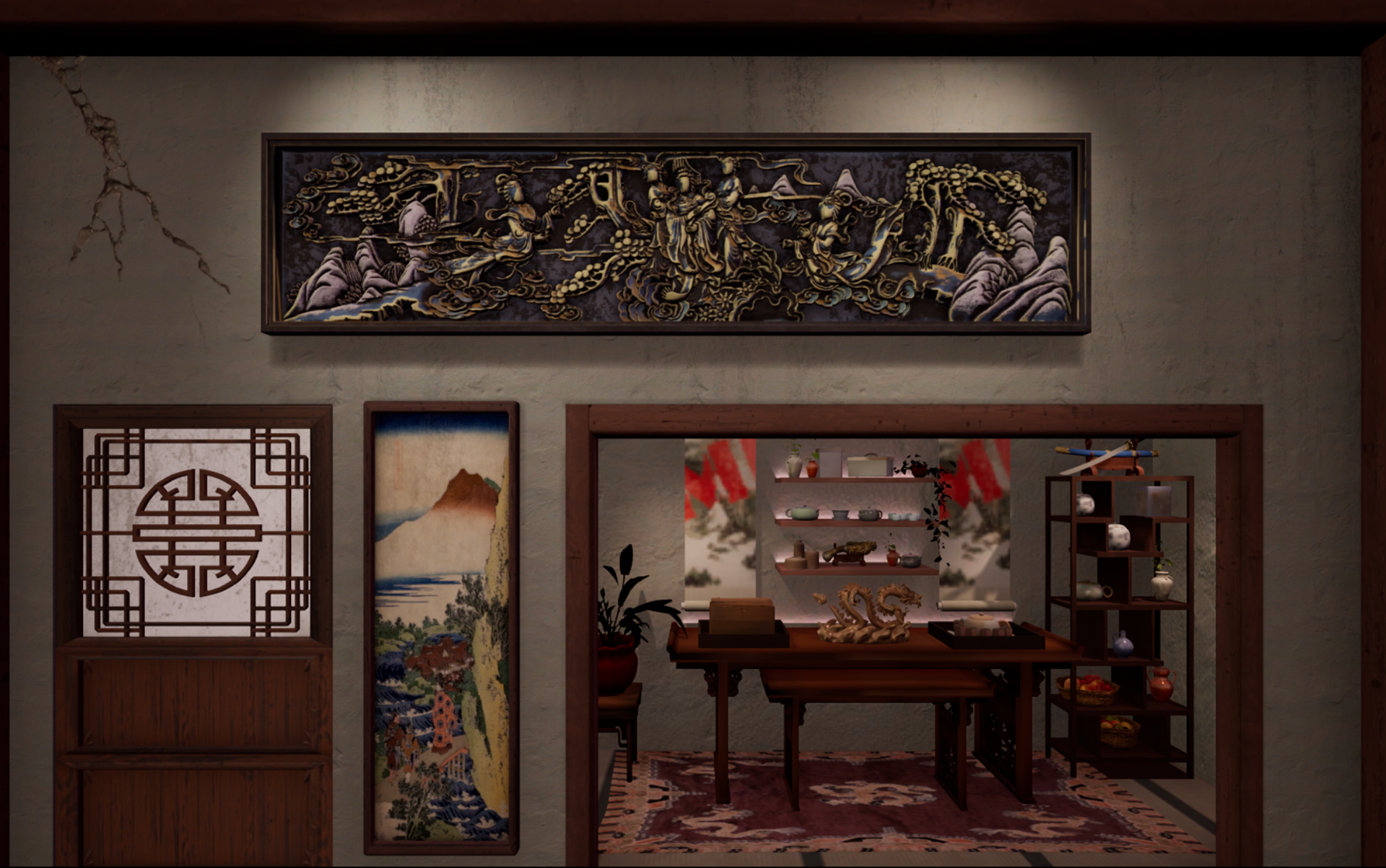 Tea room Wall 1, with the scrim area shown