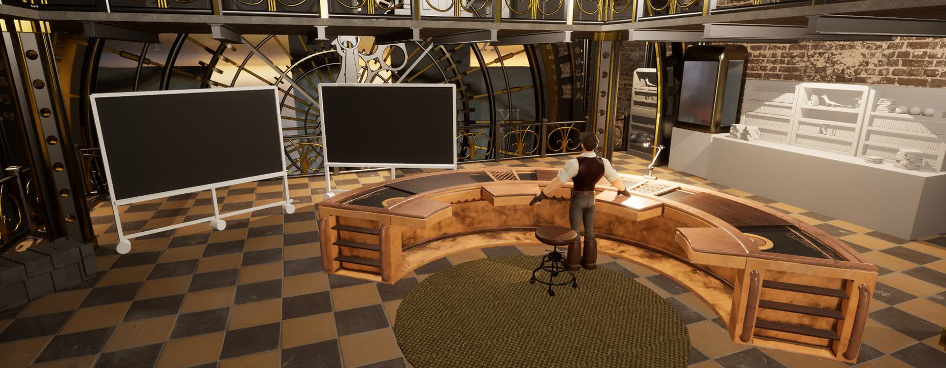 Blocking of the desk, study area, and chalkboards