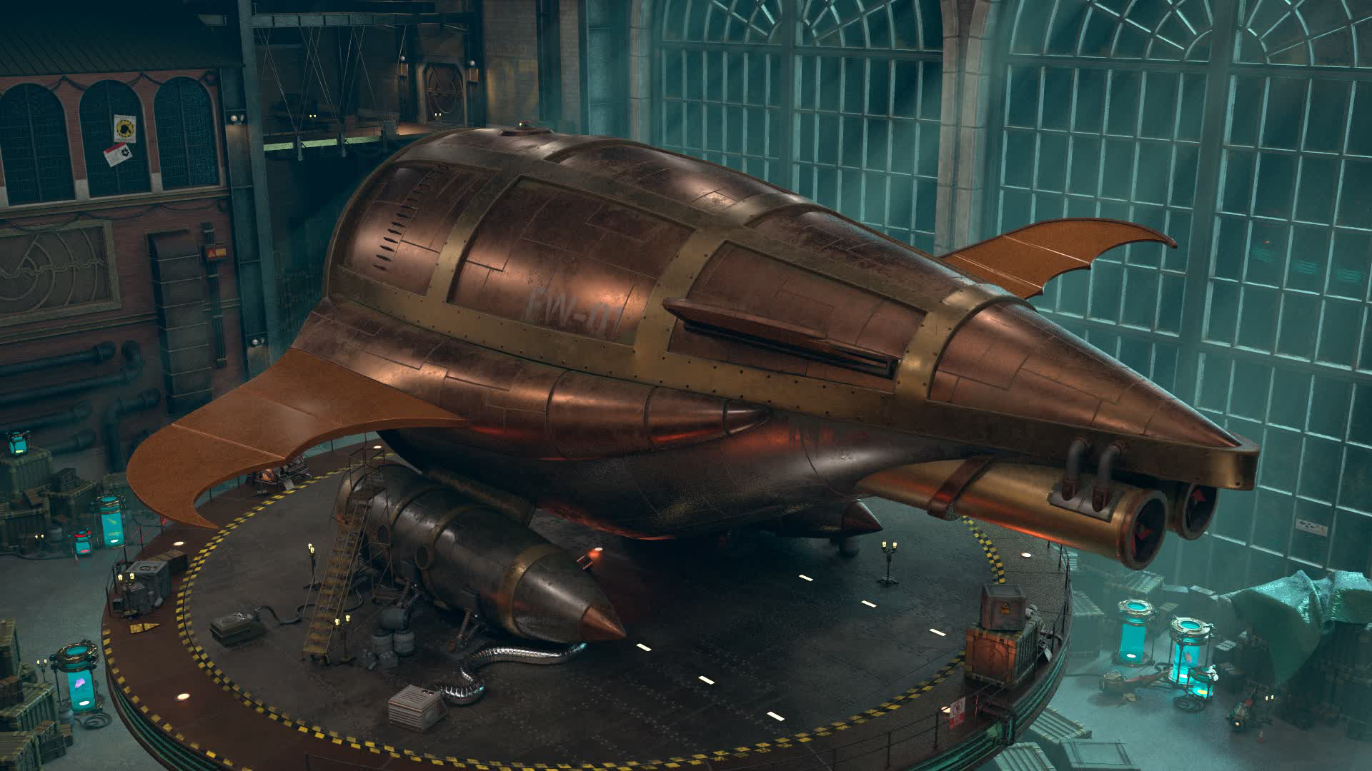 Kilgore's Vehicle Bay. I was responsible for creating a bunch of the small kitbash/set dress assets such as the standing lamp, ship charging plug, ship standing arms, ladder, generator, and more