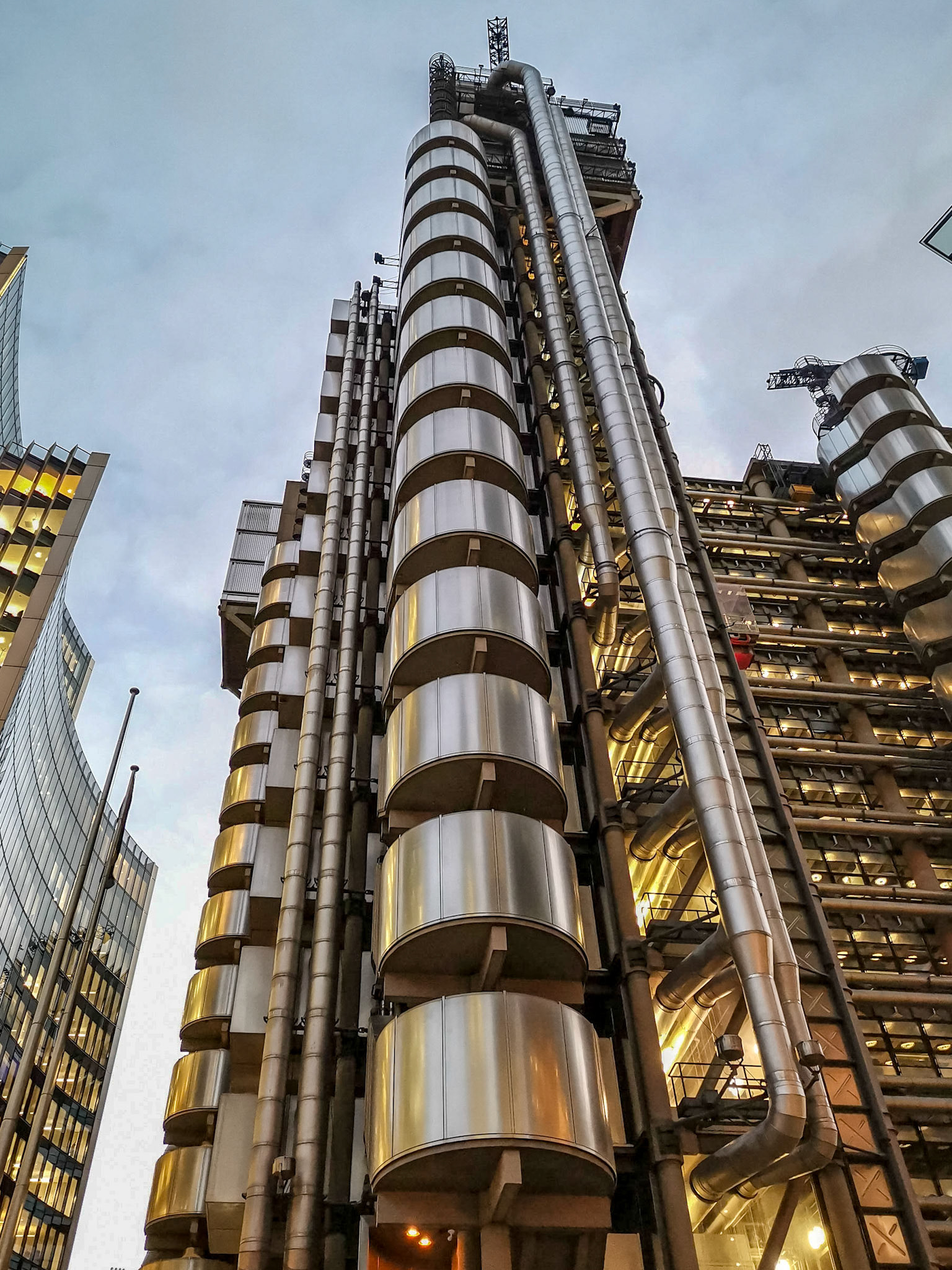 The Lloyds Building also referred to as the Inside-Out building is in my opinion one of the more interesting buildings in the square mile.  It was designed in such a way that all of the lifts and pipes were on the outside giving it a nice clean interior.

Unusual for me this wasn't taken on my DSLR but instead on my new phone the Huawei Mate 20 Pro