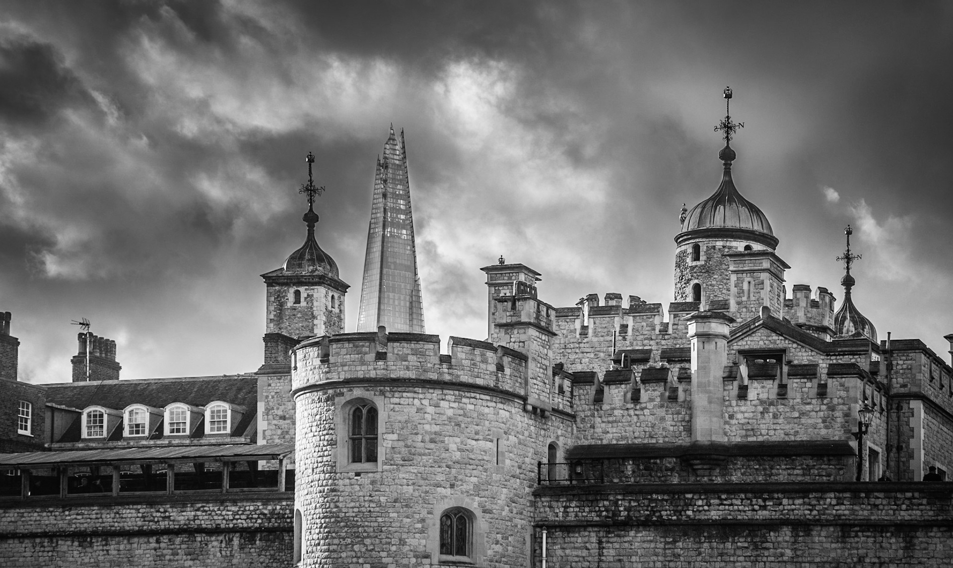 A view of the Tower and the Shard.  When working on this image I ended up zooming all the way in on the Shard and you can see the silhouette of someone stood up there.