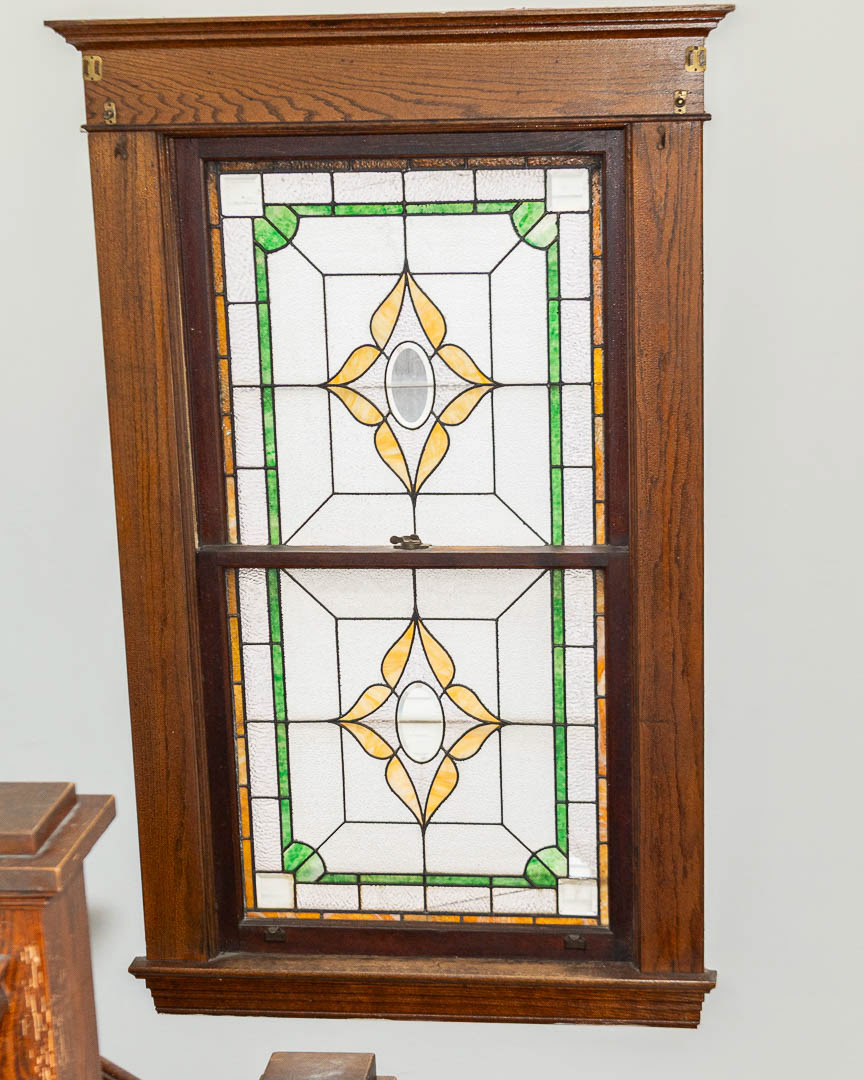 2nd Floor Hallway Looking Down Staircase and Stained Glass Window