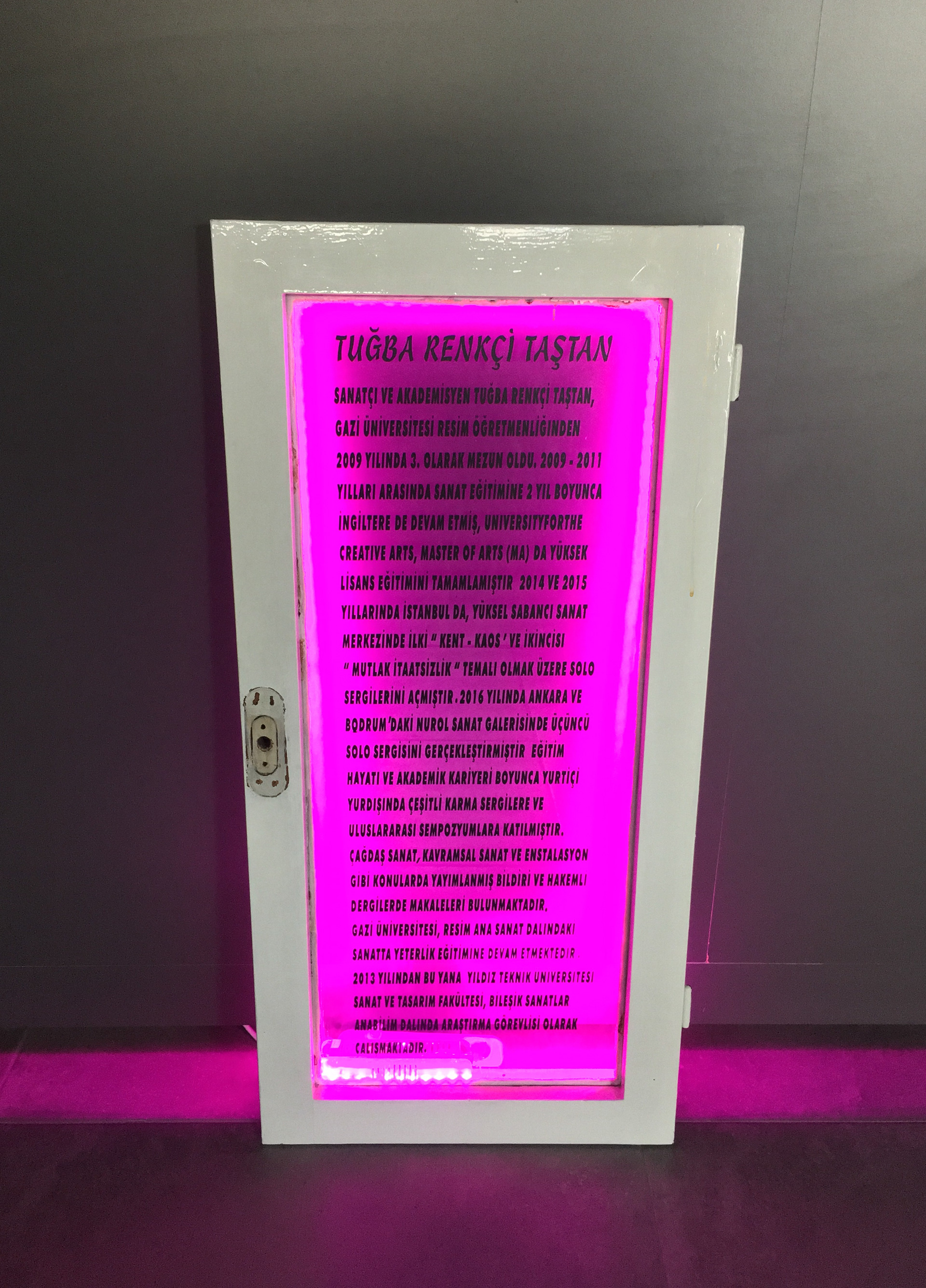  From My Life Window, 2017, old wooden window, sticker on glass CV, led light, 104x50x5 cm, Independent Art Foundation Art Gallery, Istanbul. Photo: Enes Taştan.