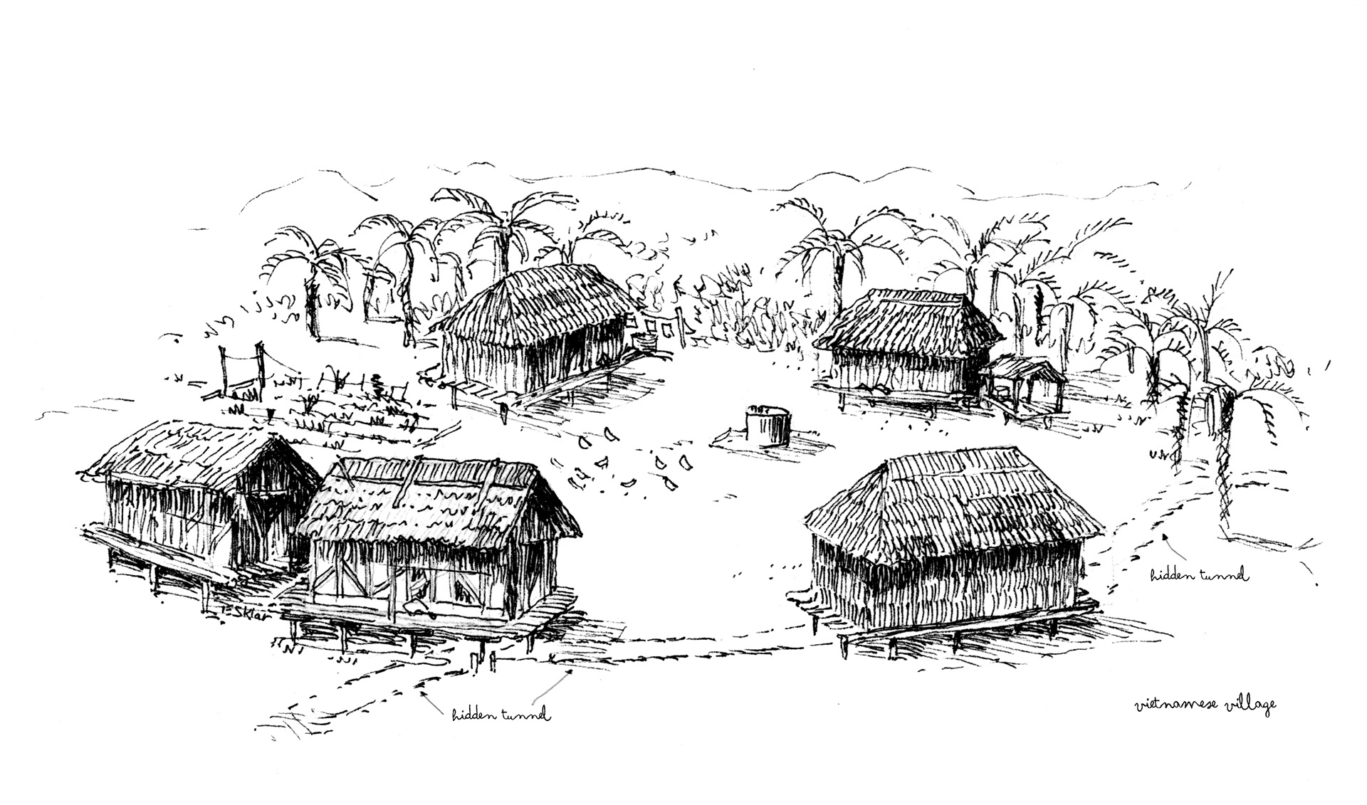 Vietnamese Village, Pen and Ink