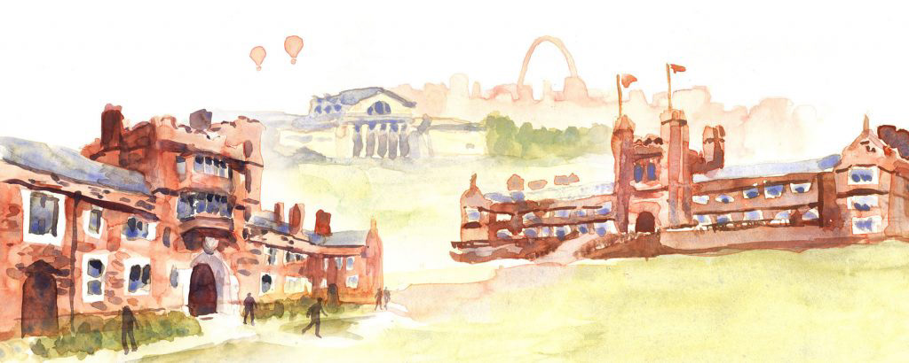 watercolor painting of the Washington University campus by Maddy Mueller