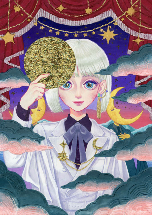 〈月手繰る少年〉2022.2制作/440×320㎜/使用画材：アクリルガッシュ・モデリングペースト・箔