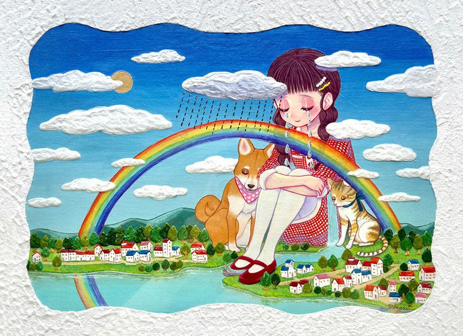 〈ずっとひとりじゃなかった〉2024.10制作/242×333mm/使用画材:アクリル絵具、メディウム、ホイル箔、雲母、漆喰、木製パネル