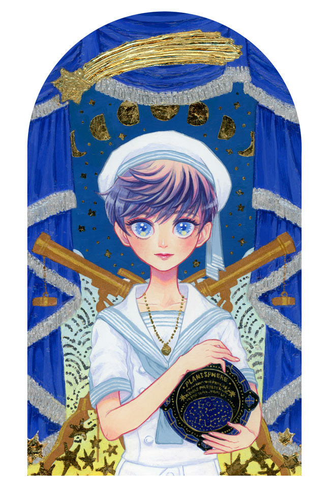 〈星愛づる少年〉2022.6制作/使用画材：アクリルガッシュ・モデリングペースト・箔