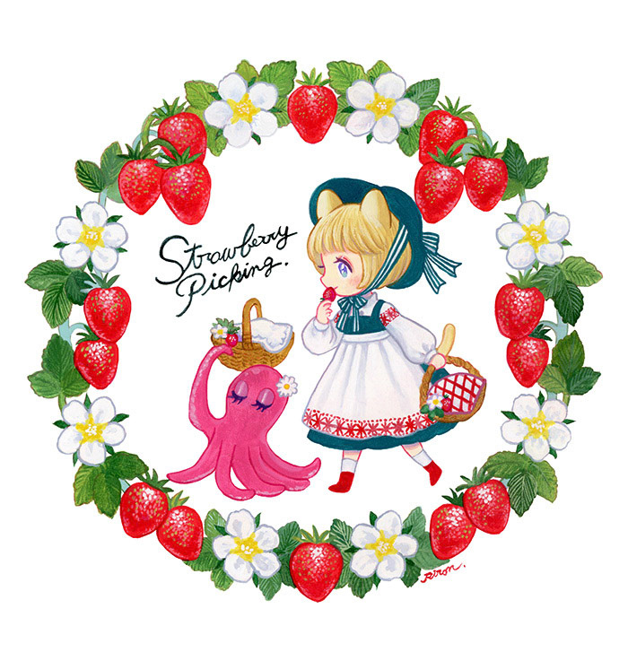 〈Strawberry picking〉2023.2制作/150×150mm/使用画材：アクリルガッシュ