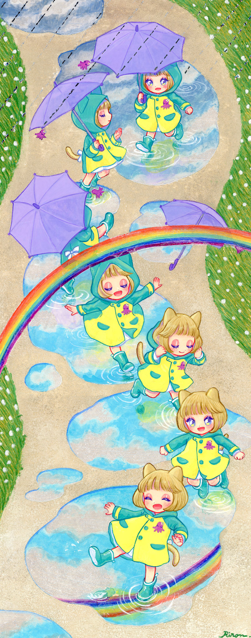 〈雨のち虹〉2024.10制作/330×130mm/使用画材:アクリル絵具、メディウム、ホイル箔、雲母