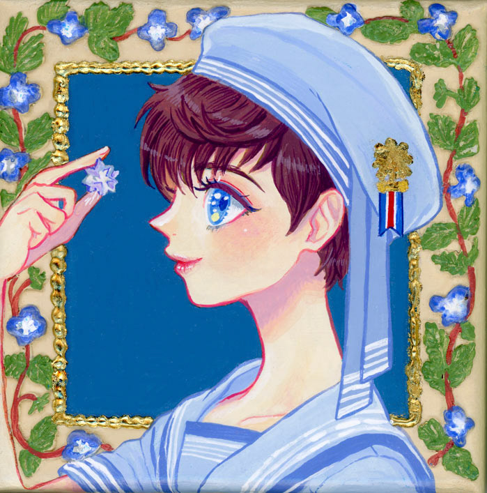 〈少年の横顔Ⅱ〉2022.6制作/100×100mm/使用画材:アクリル絵具、メディウム、ホイル箔、キャンバス(個人蔵)